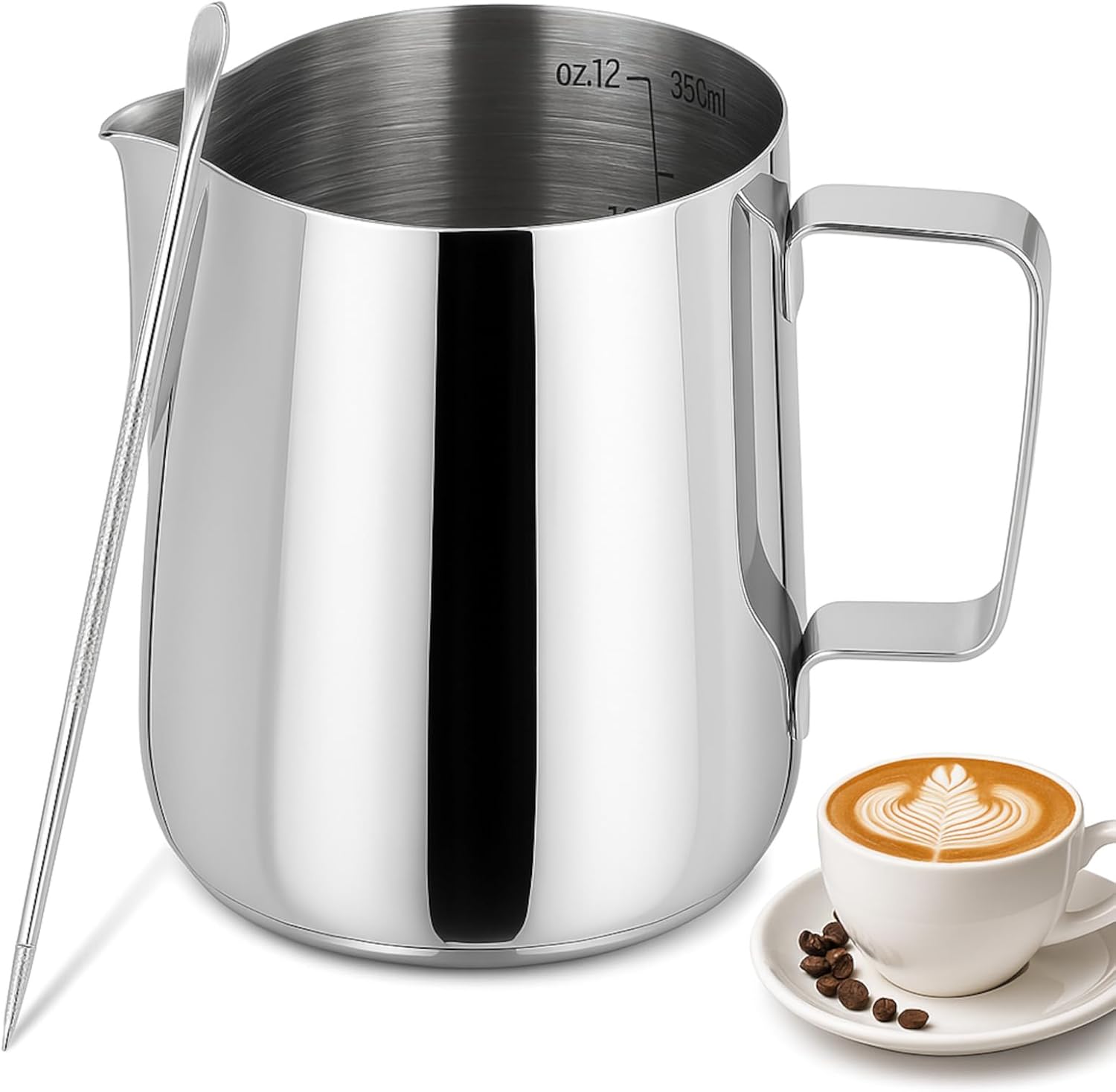 Pichet lait inox - Pot a lait inox - Pot a lait - 350ml - avec échelle graduée - accompagné d'un stylo pour latte art - idéal pour préparer des cappuccinos, des lattes et des espressos - argent