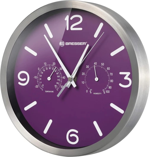 Bresser MyTime ND Thermo-Hygro Horloge Murale Radio-pilotée silencieuse avec Cadre en Acier Inoxydable et Affichage de la température et de l'humidité Violet