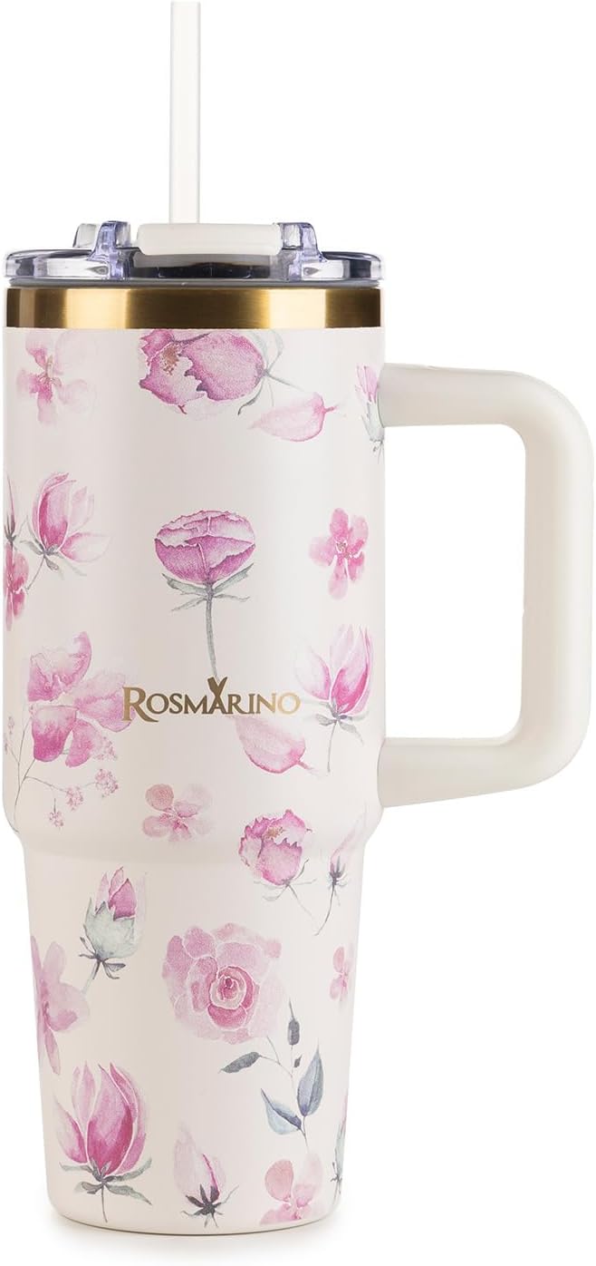 MegaCup Roses Gobelet de voyage isotherme en acier inoxydable 870 ml, crème, anti-fuite et réutilisable, garde le froid pendant 11 h et le chaud pendant 7 h, sans BPA Rose Crème 870ml