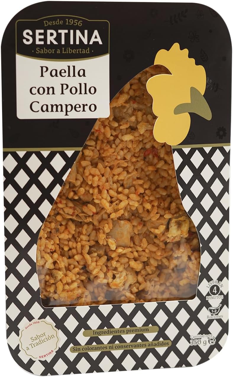 Sertina Paella au Poulet Fermier - Lot de 6 x 350 g - Plat Prêt à Consommer, Recette Authentique Avec Riz Bomba, Cuisses de Poulet Désossées, Sans Conservateurs, Ingrédients 100% Naturels