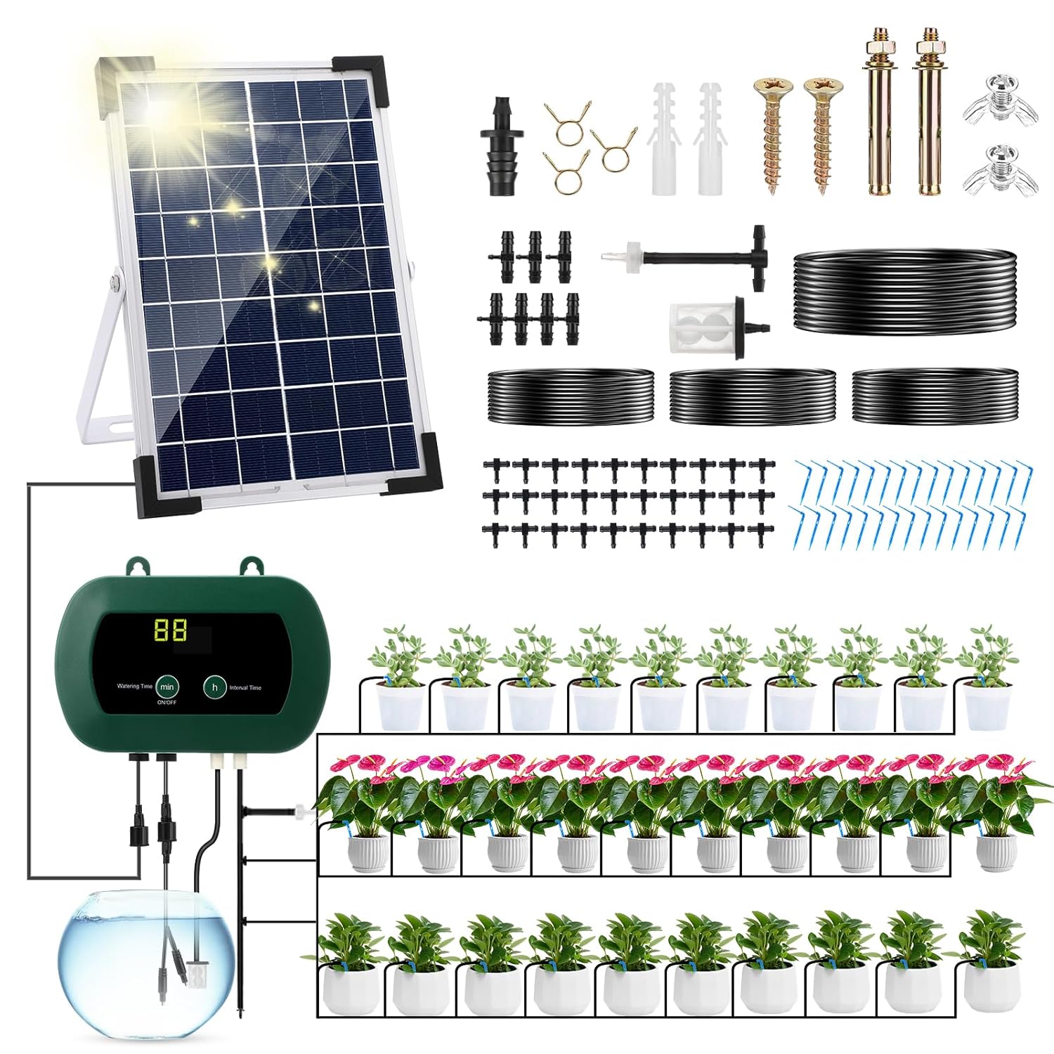 Anpress Kit D'irrigation Goutte à Goutte Automatique énergie Solaire, Système d'irrigation Jardin, Système D'arrosage Automatique de Jardin Avec 10 Modèles d'irrigation goutte à goutte et 30 pots