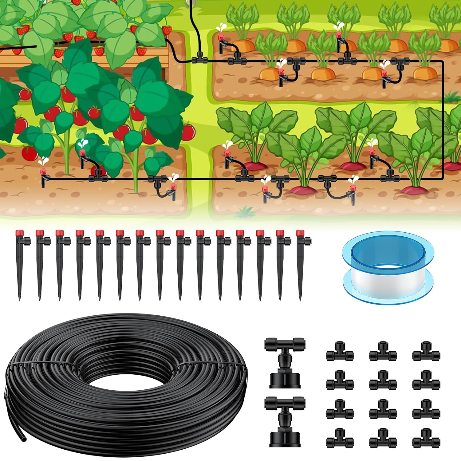 Kit d'irrigation goutte à goutte 15 m, Système rapide à connecter avec tuyaux 4-6 mm, émetteurs et accessoires, Arrosage pour serre pelouse terrasse parterre