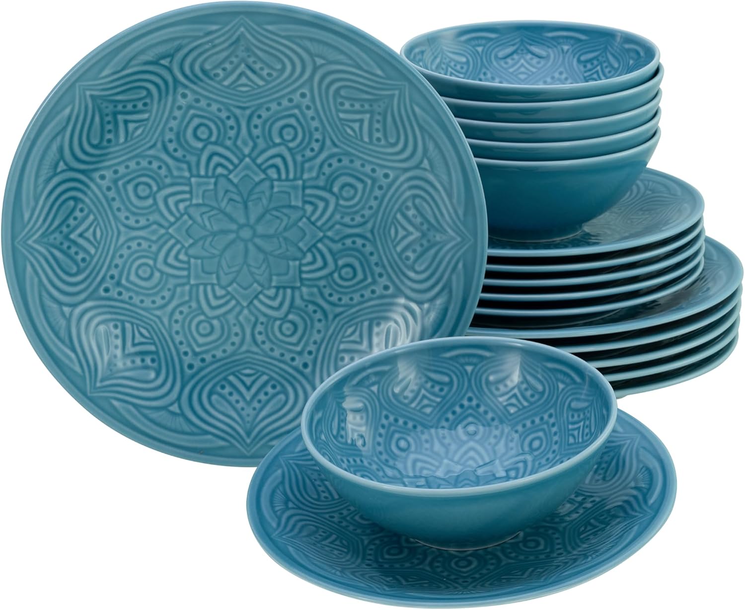 , 21624, Série Orient Mandala Aquamarine, 18 pièces de vaisselle, set d'assiettes en porcelaine, Aigue-marine Lot de 18 assiettes Aigue-marine