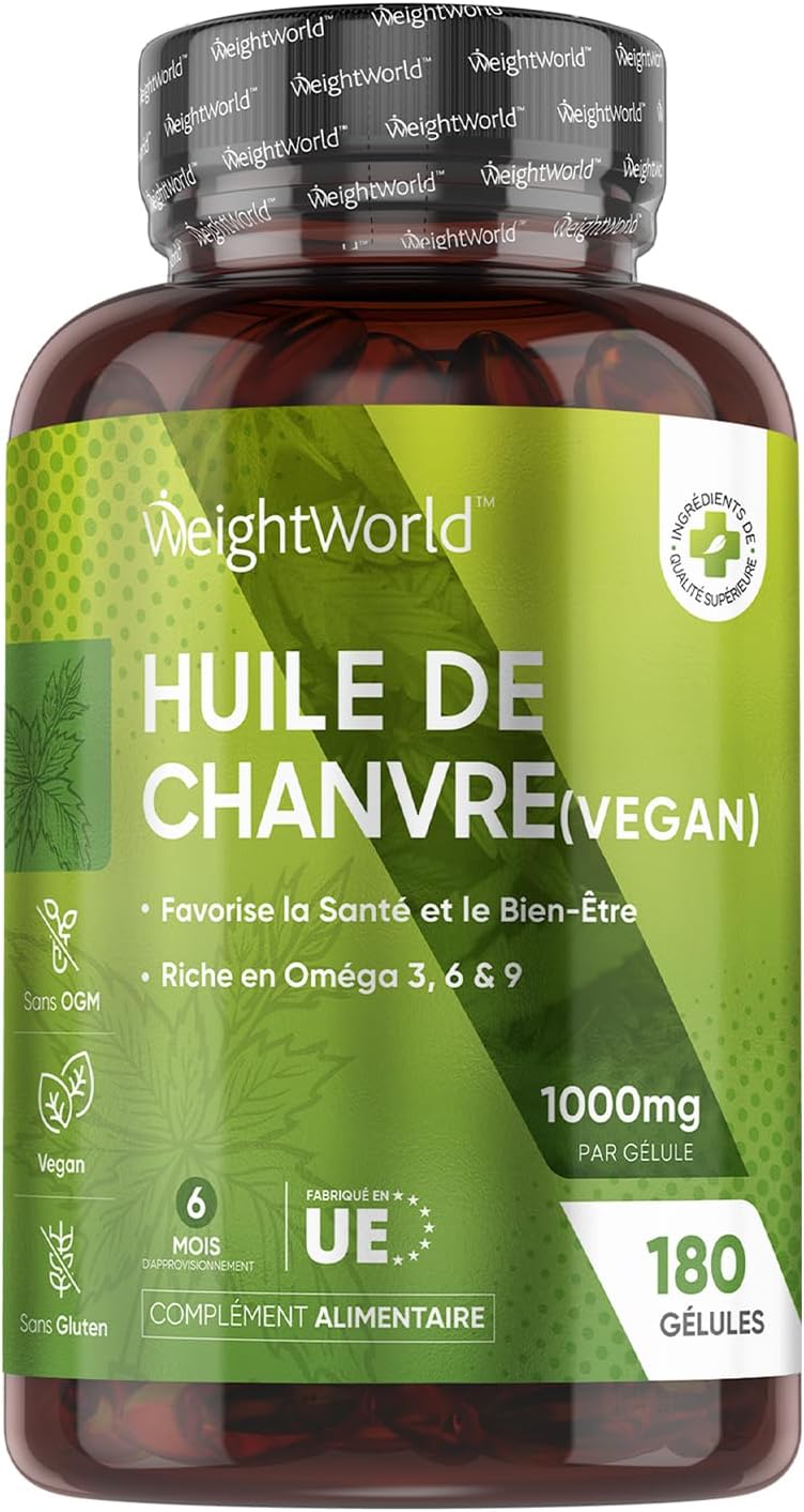 Huile de Chanvre 1000mg, 180 Gélules Pour 6 Mois, Riche en Omega 3 6 9 Avec Acides Gras Essentiels, Omega 3 Vegan Huile Graines de Chanvre Pressées à Froid Avec Vitamine E Sans Arrière Goût