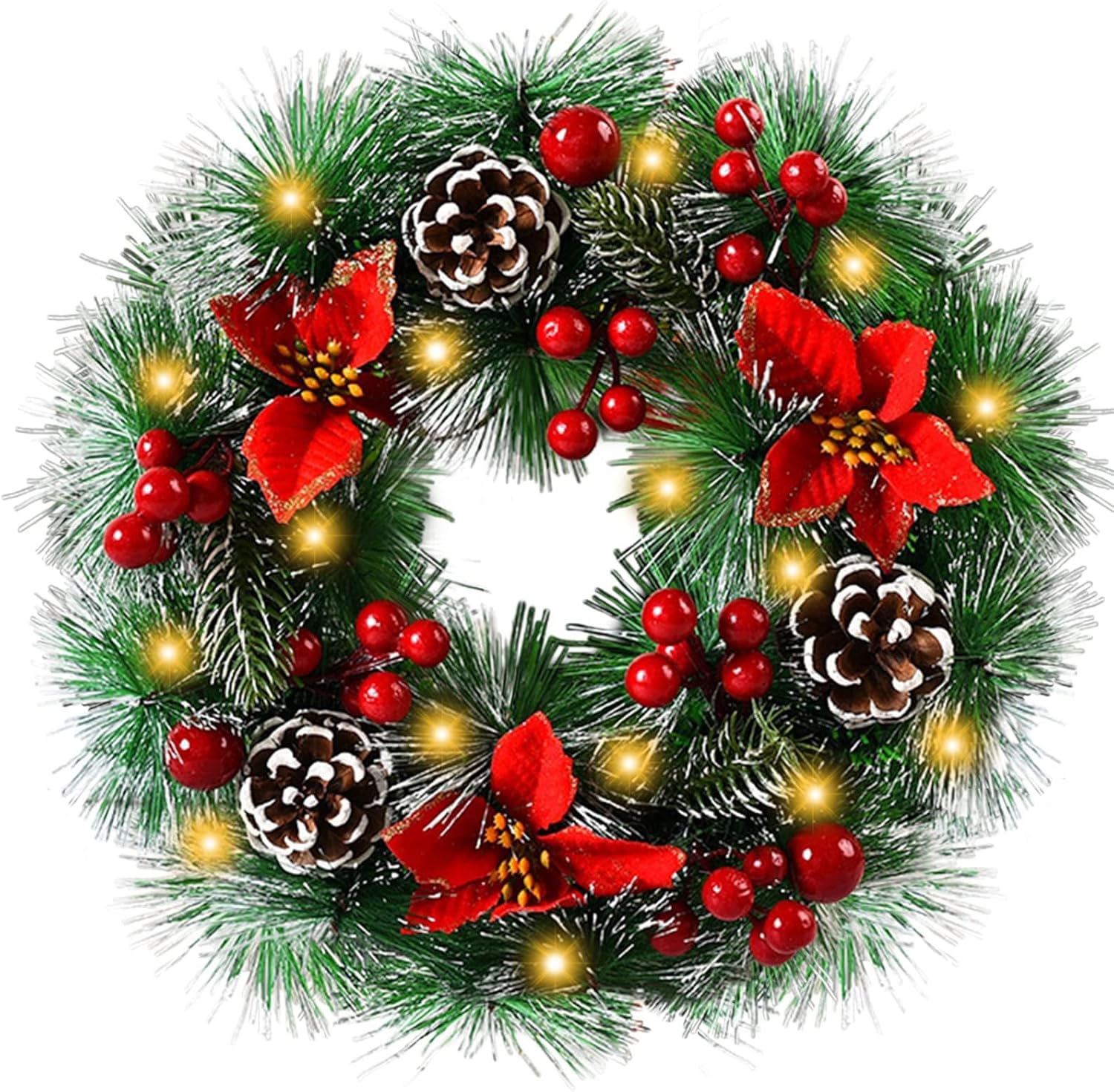 Couronne de Noël,Diamètre 30CM Guirlande de Noël Artificielle,pour la décoration de la Porte d'entrée Décoration avec de Flocons de Neige Baies Pinécone(Livré avec des lumières LED)