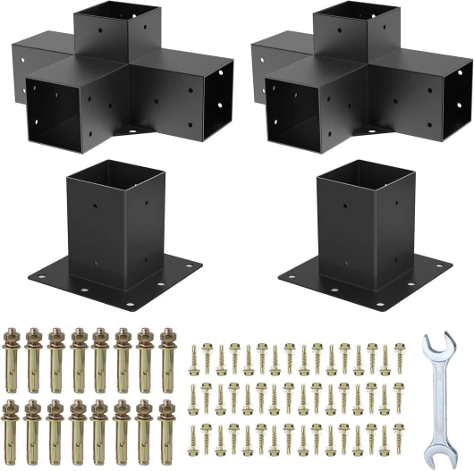Kit Supports de Pergola 4x4 po Support de Poteau Bois de Menuiserie 2 Supports d'angle à 4 Voies 2 Bases de Poutres Quincaillerie Bricolage pour Tonnelles, Pergolas de Terrasse, Cabanes 4PC 4-Way 4*4