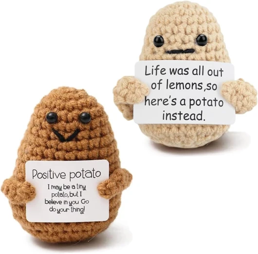WERIGONI Lot de 2 Pommes de Terre Positives, Poupée Créative en Laine Tricotée, Patate Positive, Cadeau Inspirant Poupée au Crochet avec Carte d'encouragement