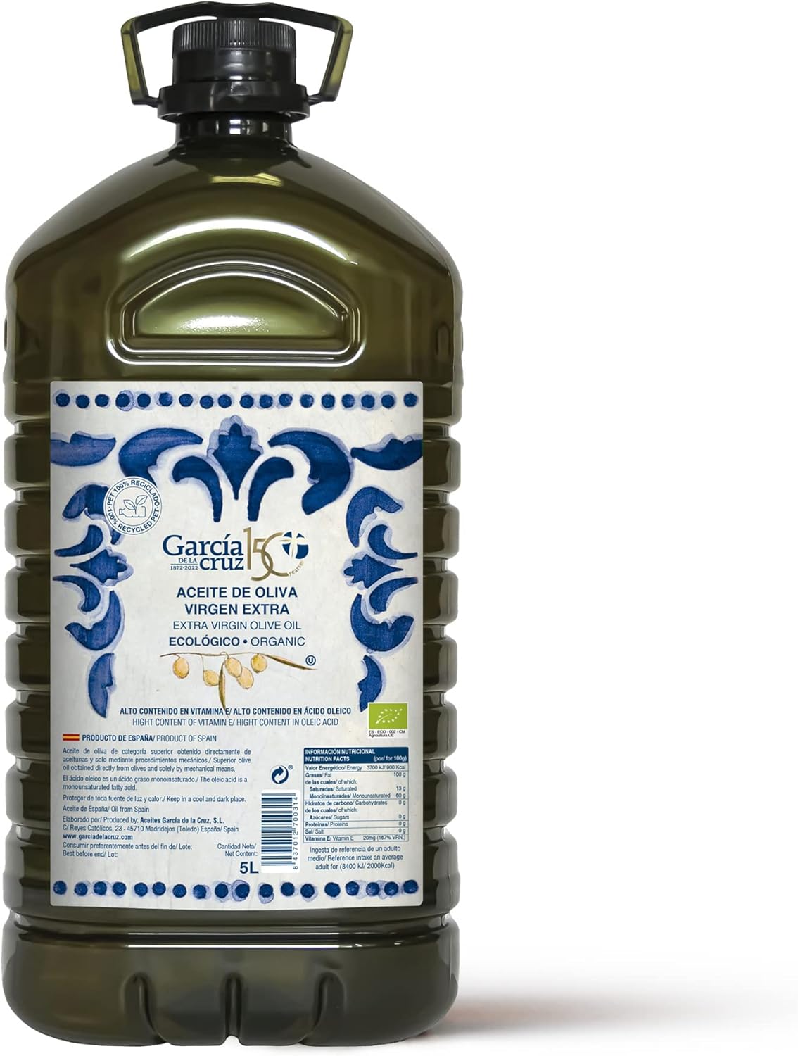 GARCÍA DE LA CRUZ - Huile d'olive extra vierge biologique, huile de cuisson, variété d'olive, originaire d'Espagne, Montes de Toledo, récipient en PET recyclé, carafe - 5L 5 l (Lot de 1)