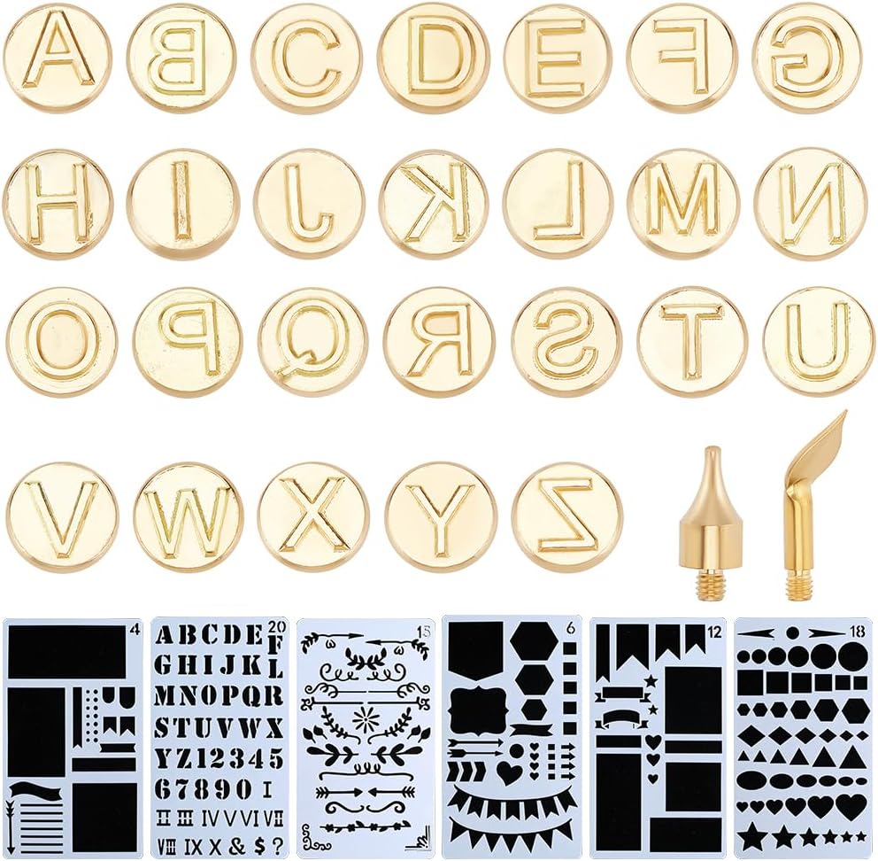 28pcs Ensemble de Pointes de Combustion du Bois Lettres d'or Mat Majuscules Alphabet Marque Creux Tampons Chauds Pointes de Fer 6 pièces Modèle de Pochoir de Dessin pour Outils de Gaufrage