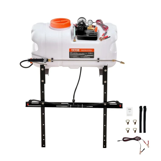 Pulvérisateur pour VTT UTV 60 L Pulvérisateur Mauvaises Herbes Jardin à Pompe 12 V avec Réservoir d'eau, Rampe de Buses, Tuyau de 6,1 m, Débit de Pompe 7 L/Min Pression Réglable 0-72 PSI, Blanc
