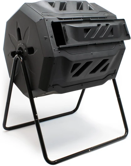 Composteur à Tambour 2 Chambres – 72,5 x 66 x 93,5 cm – Capacité 160 litres – en PP et métal – Tonneau de compostage Rotatif pour Compost décomposition