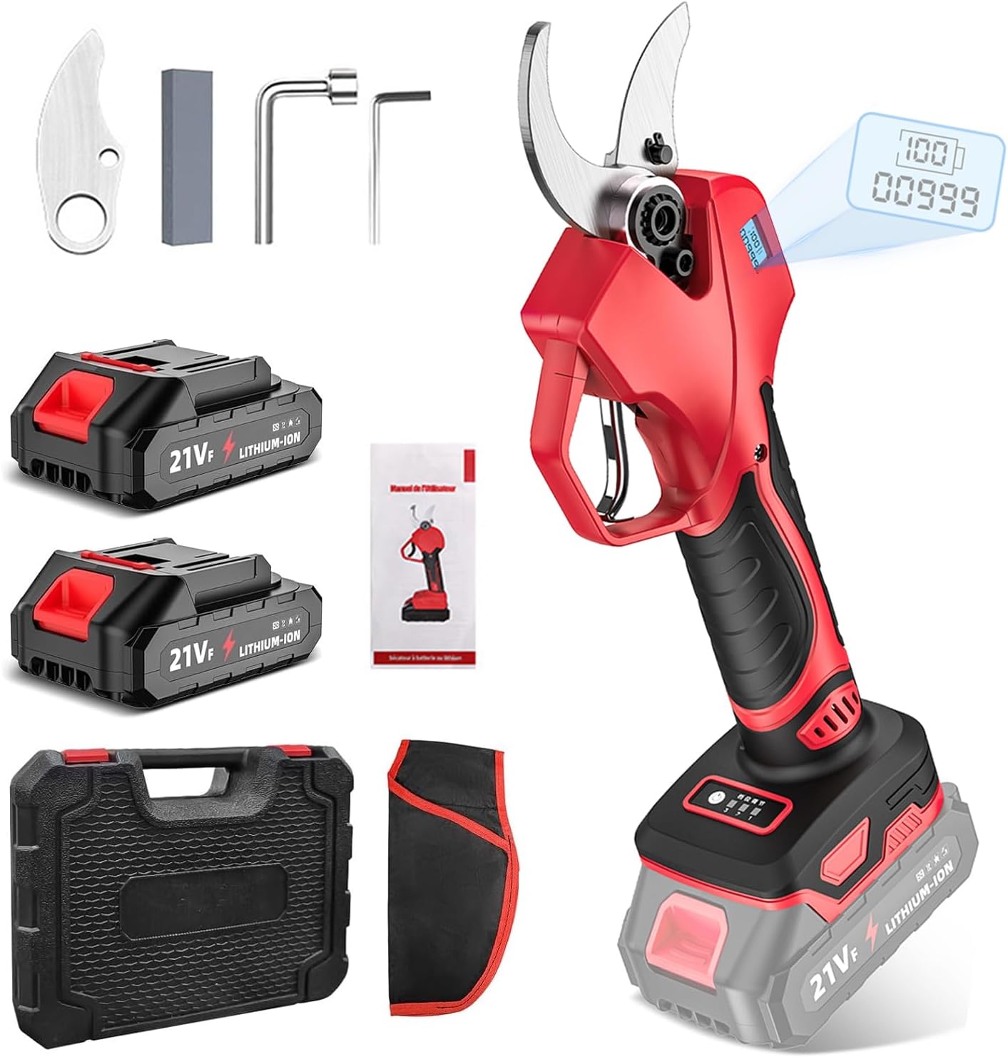 NUMNER Secateur Electrique Sans Fil 50mm, Sécateur de Jardin avec 2 Batteries et Écran LCD, Lames Sharp Sk5, Moteur Sans Balais, Sécateur Électrique pour Jardinage, Vigne, Arbre Fruitier (Rouge)
