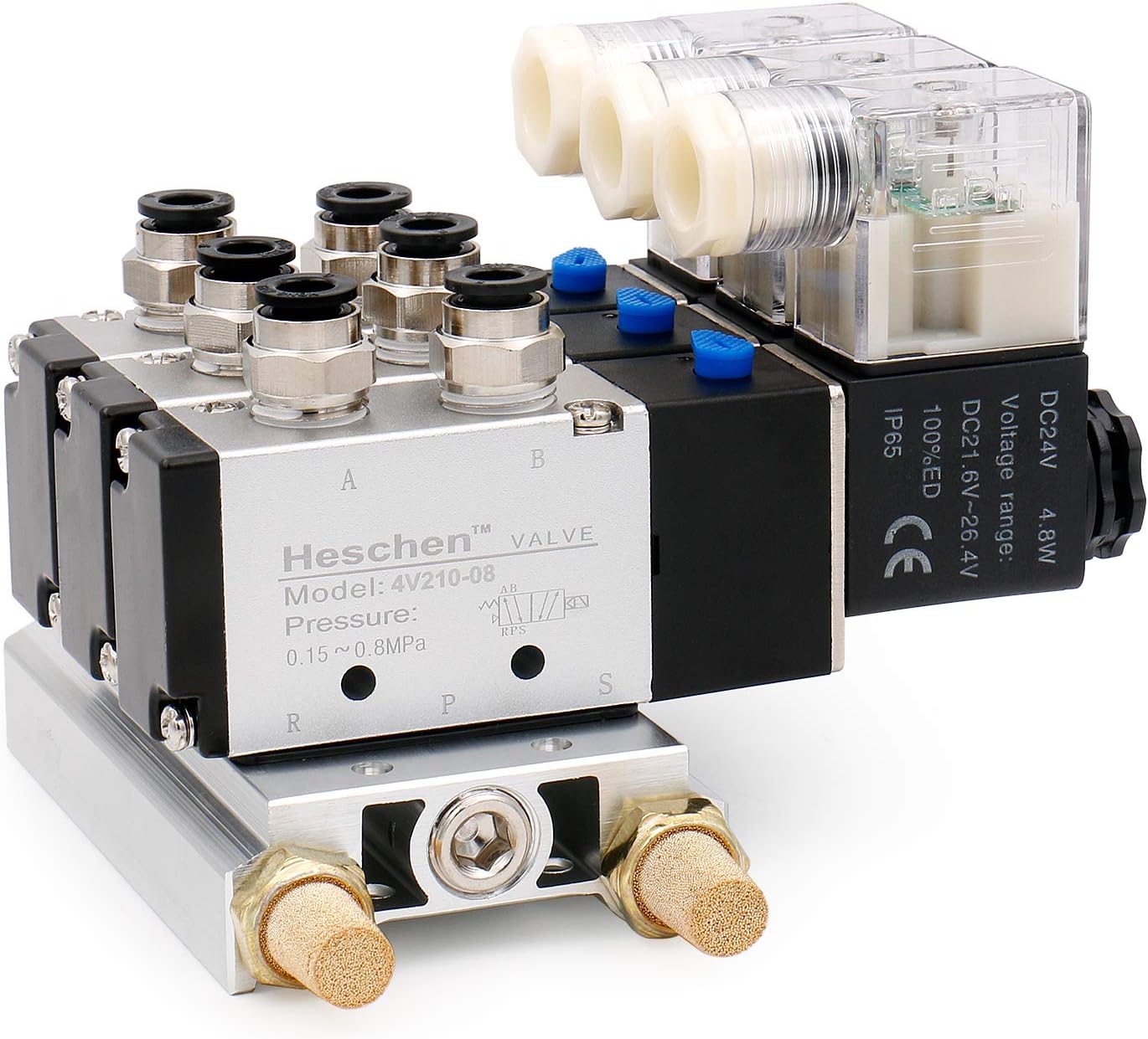 Heschen Électrovanne électrique pneumatique triple 4V210-08 DC 24 V PT1/4 5 voies 2 positions collecteur base silencieux raccords rapides