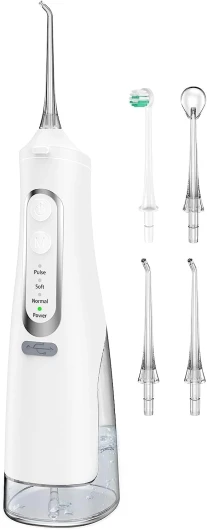 Jet Dentaire Hydropulseur Portable, Jet Dentaire Sans Fil Rechargeable avec 4 Modes Capacité de 310 ml IPX7 Étanche 60 Jours d'Autonomie Pour Maison et Voyage Blanc