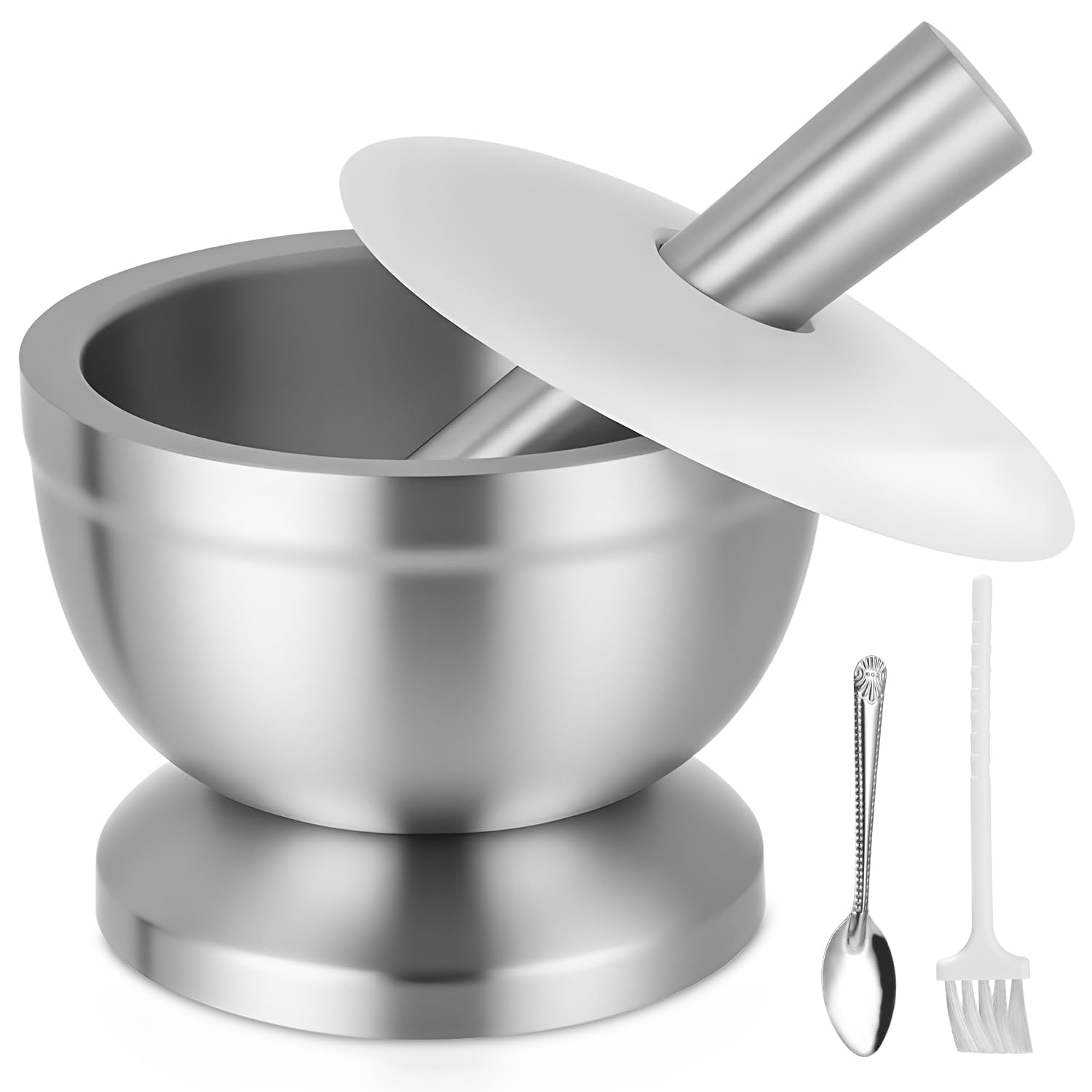 Ensemble Mortier Pilon Cuisine de 350 ml en Acier Inoxydable 304 avec Brosse, Cuillère et Couvercle en Silicone, Moulin à Épices, Broyeur et bol à Vanille de Qualité Supérieure, Parfait pour Broyer