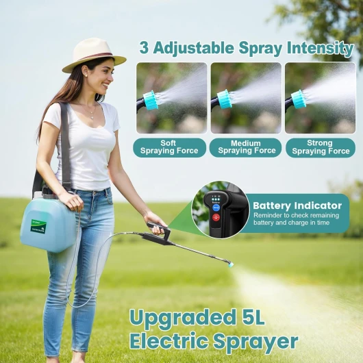 Pulverisateur Electrique 5L, Pulverisateur de Jardin avec 3 Buses à Brume, Batterie Rechargeable par USB et Tige Télescopique, Pulvérisateur de Plantes pour Jardin, Désherbage (7.4V)