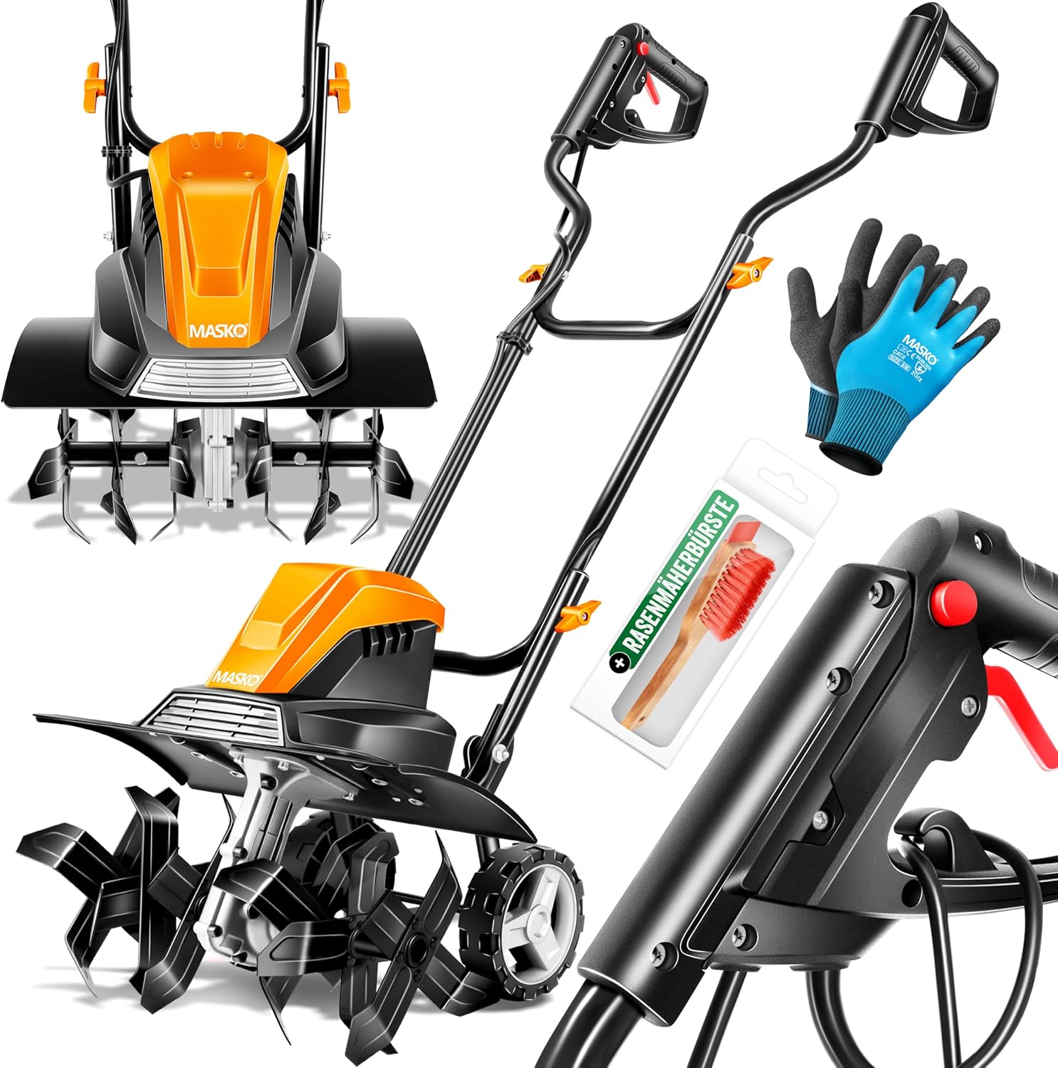 MASKO® Motobineuse électrique 1500 Watts - 40cm de Largeur de Travail, 20cm de Profondeur de Travail - Bineuse - Motoculteur à Fraise - Cultivateur - Fraiseuse de Jardin - Bineuse électrique/Orange Orange - 40cm