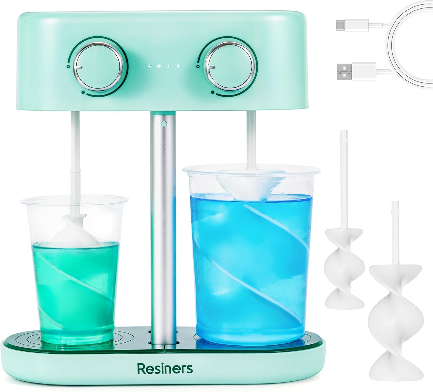 Resiners Mixeur à à Double Tête, Mixeur Époxy Rechargeable, Vitesse Infinie & Minimum de Bulles, Pagaies en Silicone Électriques en Spirale pour Le Mélange de, Silicone,Peinture Vert Menthe