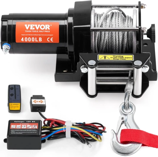 Treuil Électrique VTT UTV Capacité de Traction 1814 kg 12 V CC avec Câble en Acier à 7 Brins Φ0,5 x 1188,7 cm, Télécommande Sans Fil et Filaire, Étanchéité IP55, Treuil pour Remorquage VTT UTV 4000 LBS