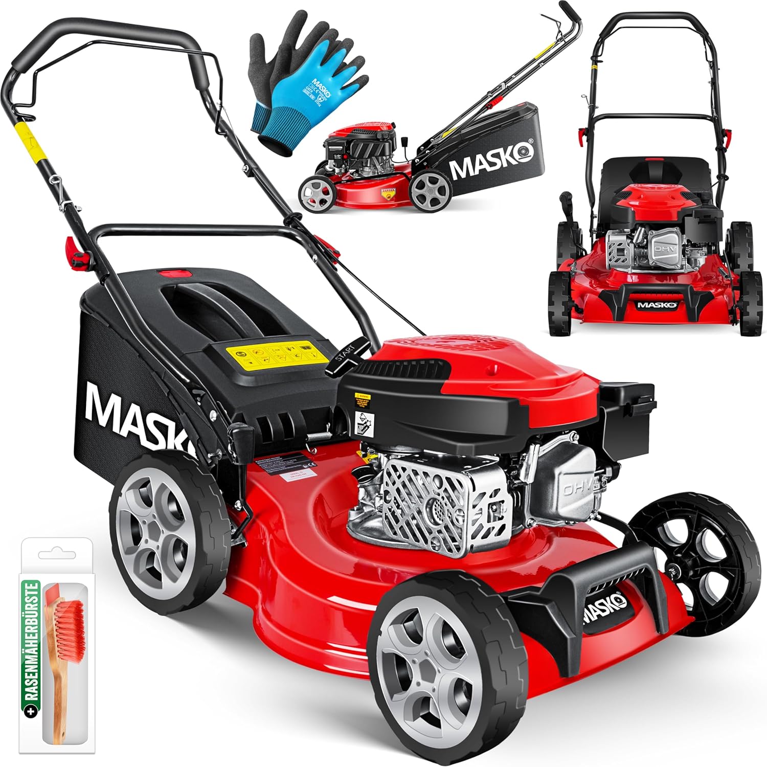 Masko MASKO Tondeuse à gazon à essence 3 en 1,Largeur de coupe 42 cm,7 niveaux de hauteur de coupe,Moteur OHV 4 temps 3,4 CV,Panier collecteur de 50 litres Schnittbreite 42cm rouge/noir