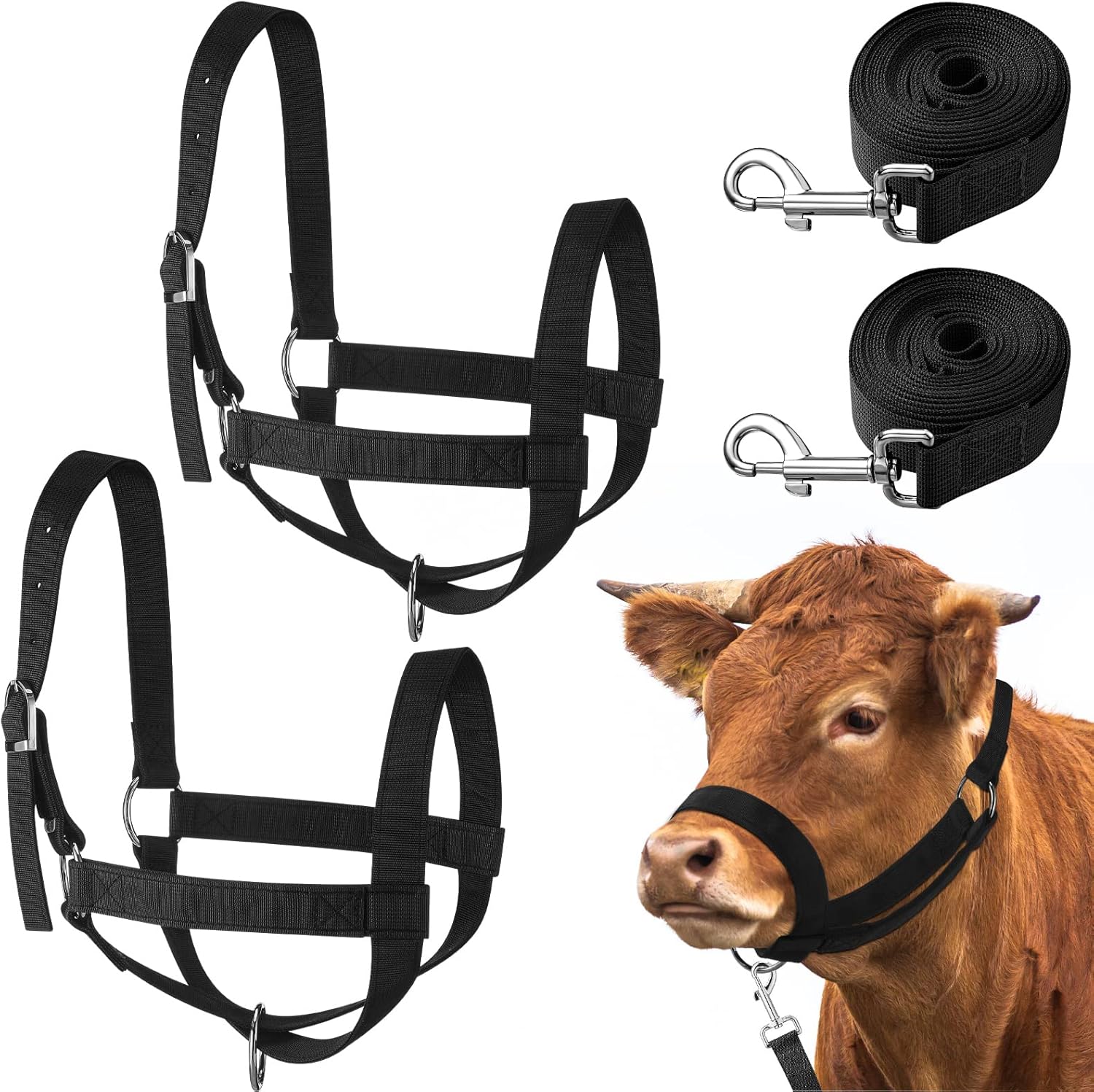 Windyun Lot de 2 Licol de Vache en Nylon avec 2 Cordes de Plomb réglables pour Dressage d'âne, bétail, chèvre (Noir)