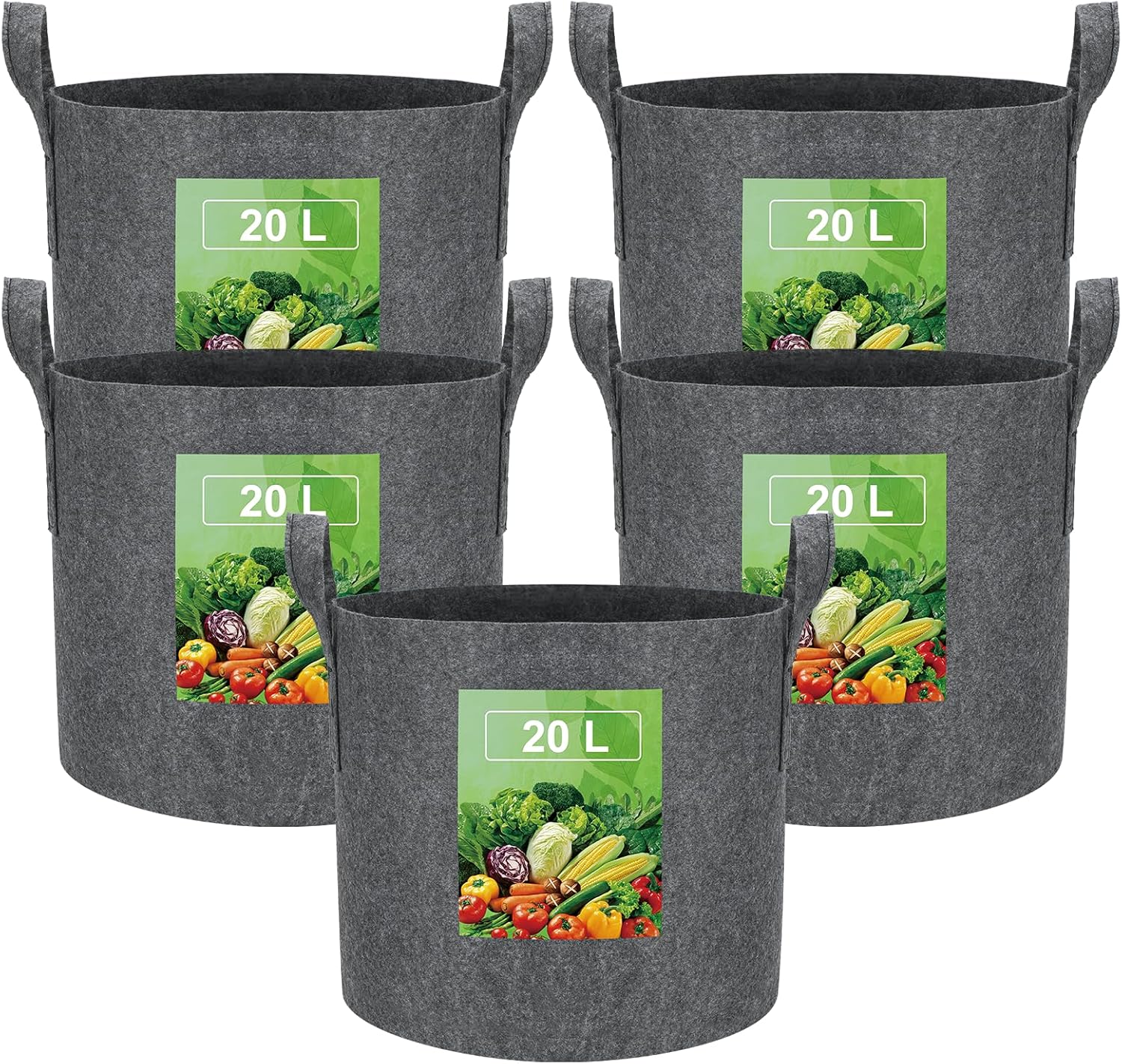 VIEWALL 20L Sac de Plantation Terre en Tissu avec Poignée,Sacs de Culture de Plantes Réutilisable pour Cultiver Pommes Terre,Tomates,Légumes,Fleurs,Un Pot de Jardin Épaissi et Aéré,5pcs Gris 5 x 20 L