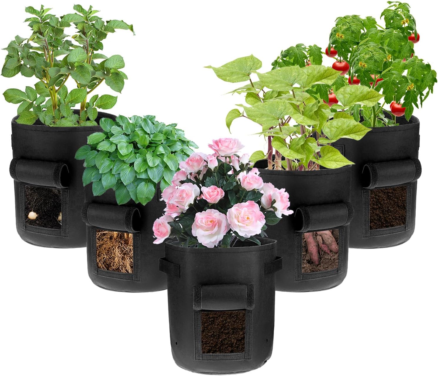 QWORK® 5 Pièces Sacs de Plantation de Pommes de Terre 10 gallons, Sac de Culture Noir avec fenêtre de récolte, pour Le Jardinage, Les légumes