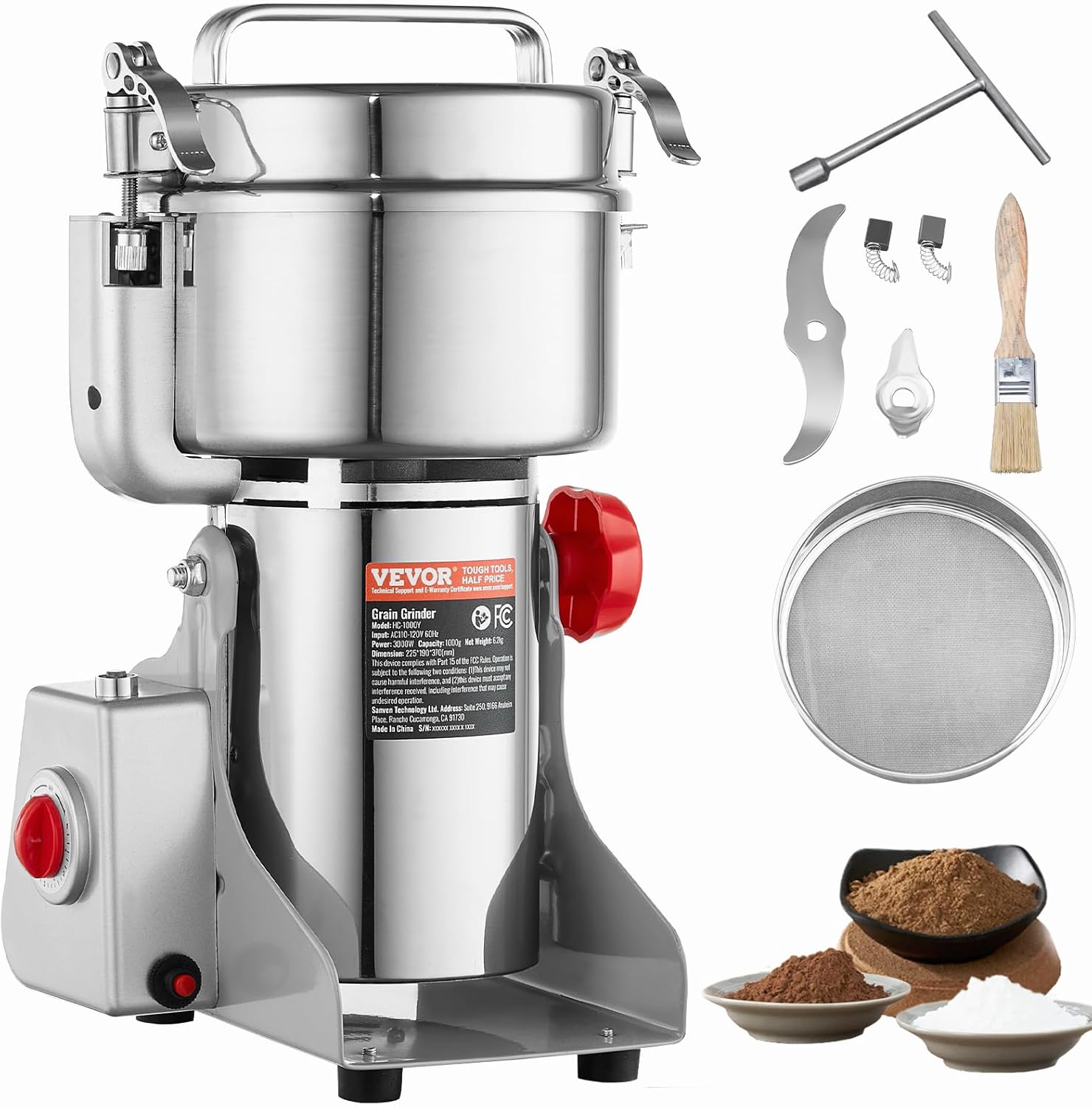 Moulin à Céréales Électrique 1000 g, Broyeur à Grains Commercial 3000 W Haute Vitesse, Moulin à Farine en Acier Inoxydable, Type Oscillant, pour Moudre Rapidement Céréales Épices Herbes Cafés