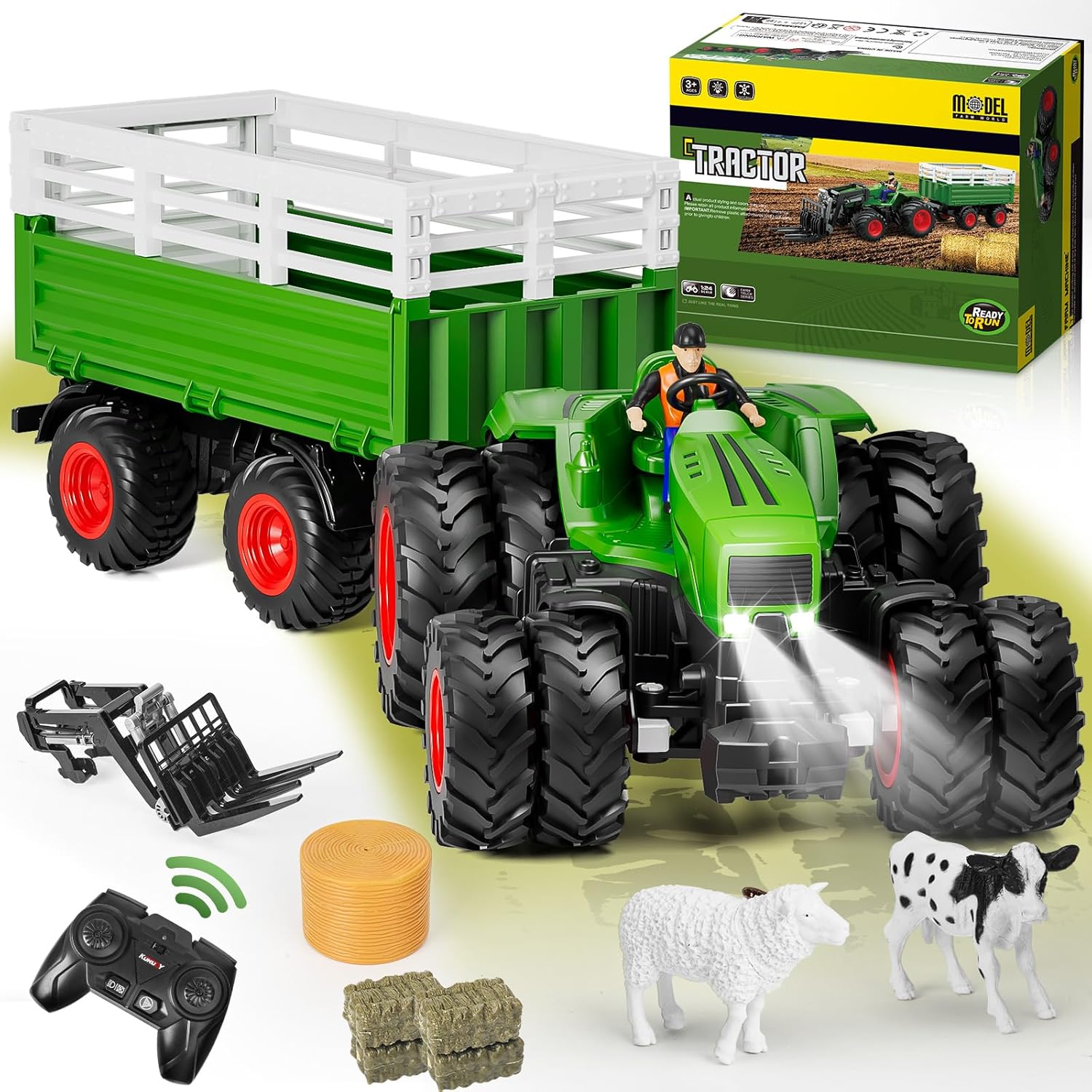 Orvyna RC Telecommandé Tracteur Enfant 2-8 Ans, Véhicules de Agricole Tracteur Jouet avec Lumière, Remorque, Levage, Vache, Mouton et Balle de Foin, Cadeau de Jouets Agricoles pour garçons et Enfants