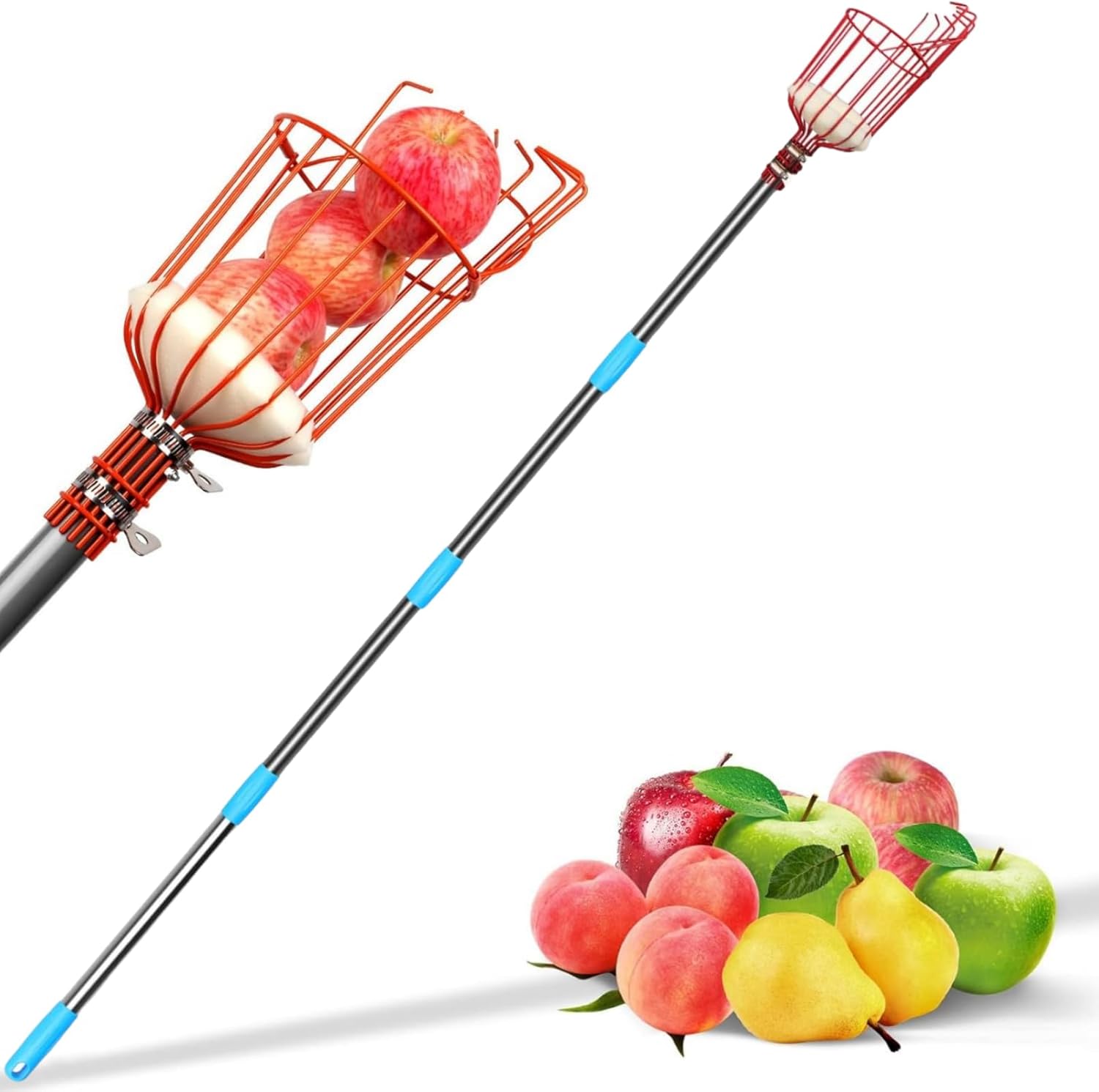 Inoamity Cueille-Fruit pour Pommes, Poires, Agrumes - Démontable 4M Cueillettes avec Panier Antichoc, Outil de Récolte Léger en Acier Inoxydable pour Jardin, Verger