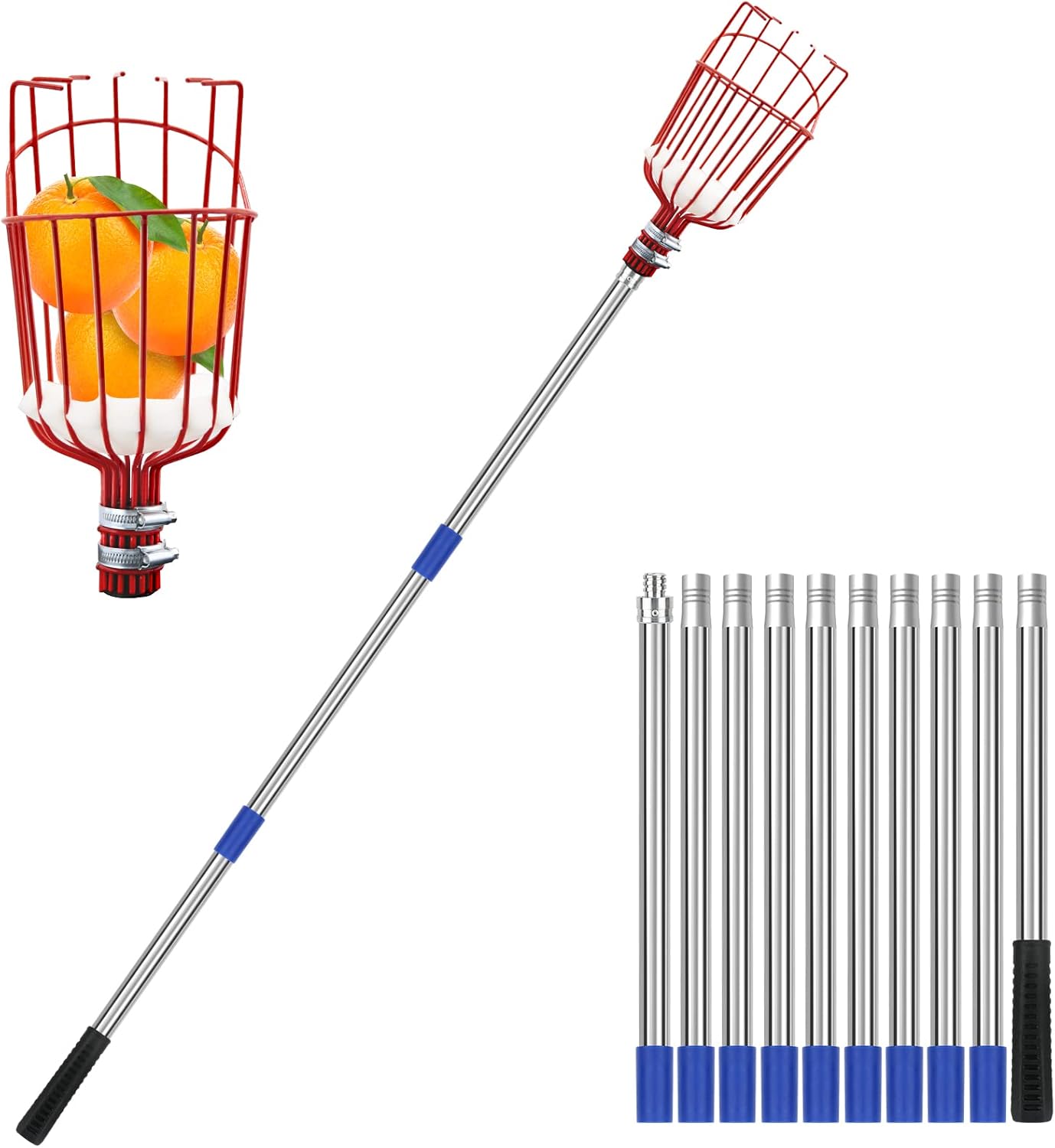 SAN Like Perche Cueille Fruit Telescopique 4 M, Cueilleur de Fruits avec Manche Telescopique, Fruit Picker Peigne à Olive Peigne pour Ramasser Les Olives, Pommes, Poires, Pêches, Avocats