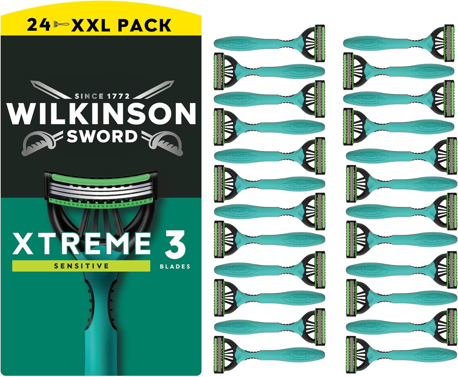 Rasoir jetable pour hommes Wilkinson Sword Xtreme 3 Sensitive, idéal pour les trousses de toilette des hommes, parfait pour le rasage quotidien, lot de 24