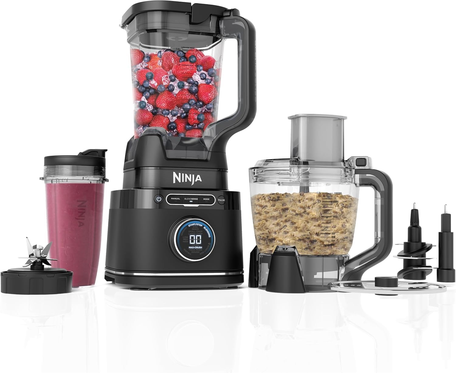 Detect Power Blender Processor Pro 3-en-1, mixeur 1200W, bol à mélanger, lame malaxeur, gobelet individuel, récipient, pétrir, mixer, hacher et mélanger, noir, TB401EU 3-en-1 mixeur Noir