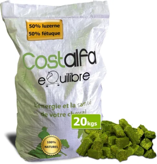 Equilibre 20kg, Alimentation chevaux, nourriture de base pour votre cheval, mélange 50% luzerne et 50% foin de fétuque - Renforce le système immunitaire, la digestion et l’équilibre du cheval.