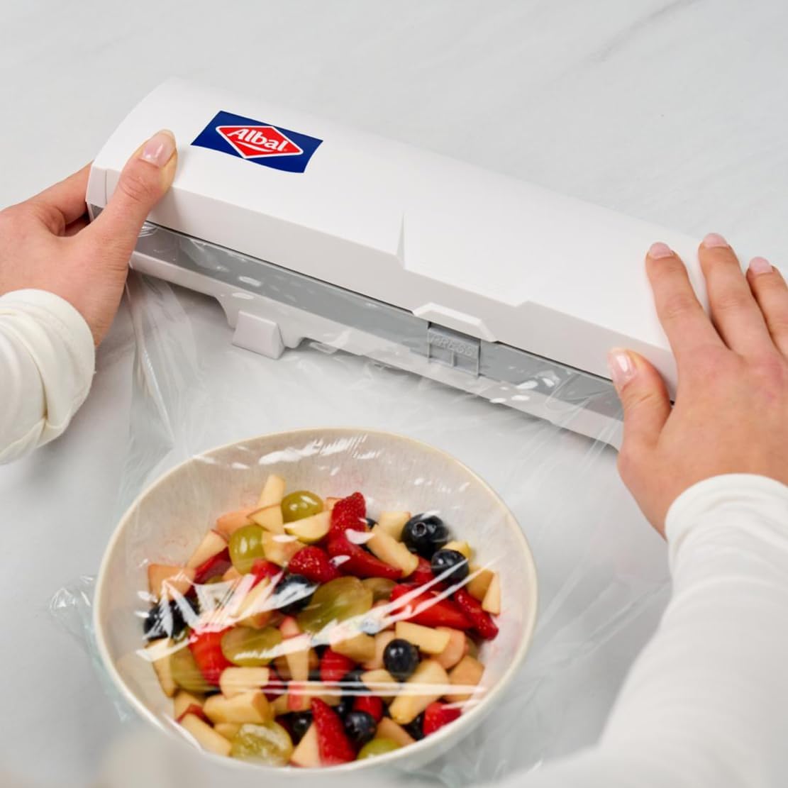 Dérouleur Universel de film alimentaire (37 x 9cm), Dérouleur film étirable, aluminium et papier cuisson, pour une découpe nette d'une seule pression, Blanc