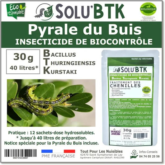 SoluBTK - Pyrale du buis 30 g Bacillus thuringiensis BTK - Insecticide Utilisable en Agriculture Biologique
