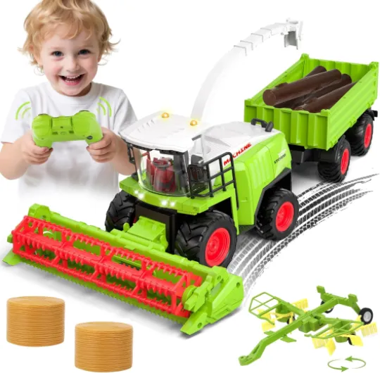 Orvyna Moissonneuse Batteuse Telecommande avec Remorque et Faneuse, RC Tracteur Jouet Telecommandé Enfant, Cool Lumière et Réaliste Son, Jouet Ferme Cadeau pour Enfants à Partir de 3,4,5,6 Ans