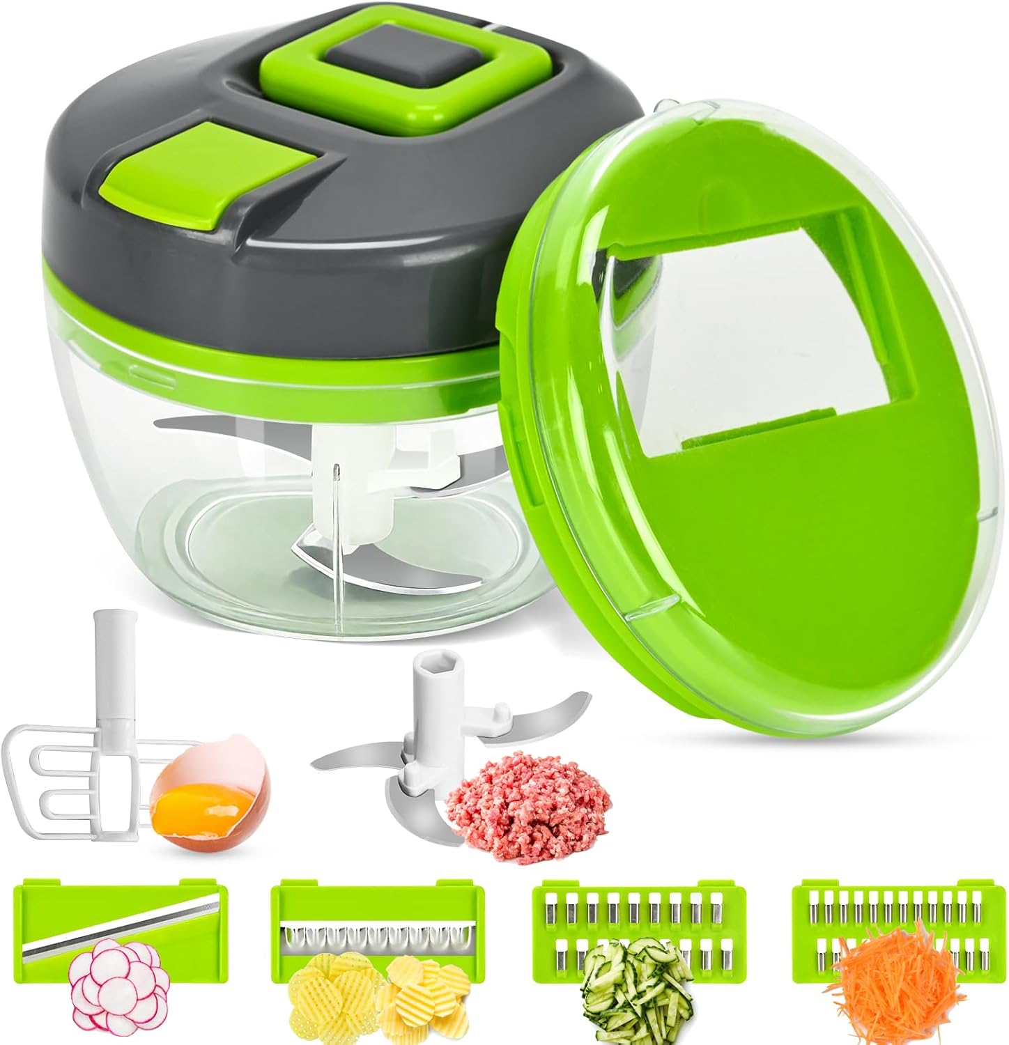 FREMON Hachoir Manuel,6 En 1 Mandoline avec fonction de Fouet,Mini Mixeur Idéal pour Hachoir Oignon,Viande et les Aliments pour Bébés,Coupe Legumes Tomates Carotte et Rapeuse Legume Fromage