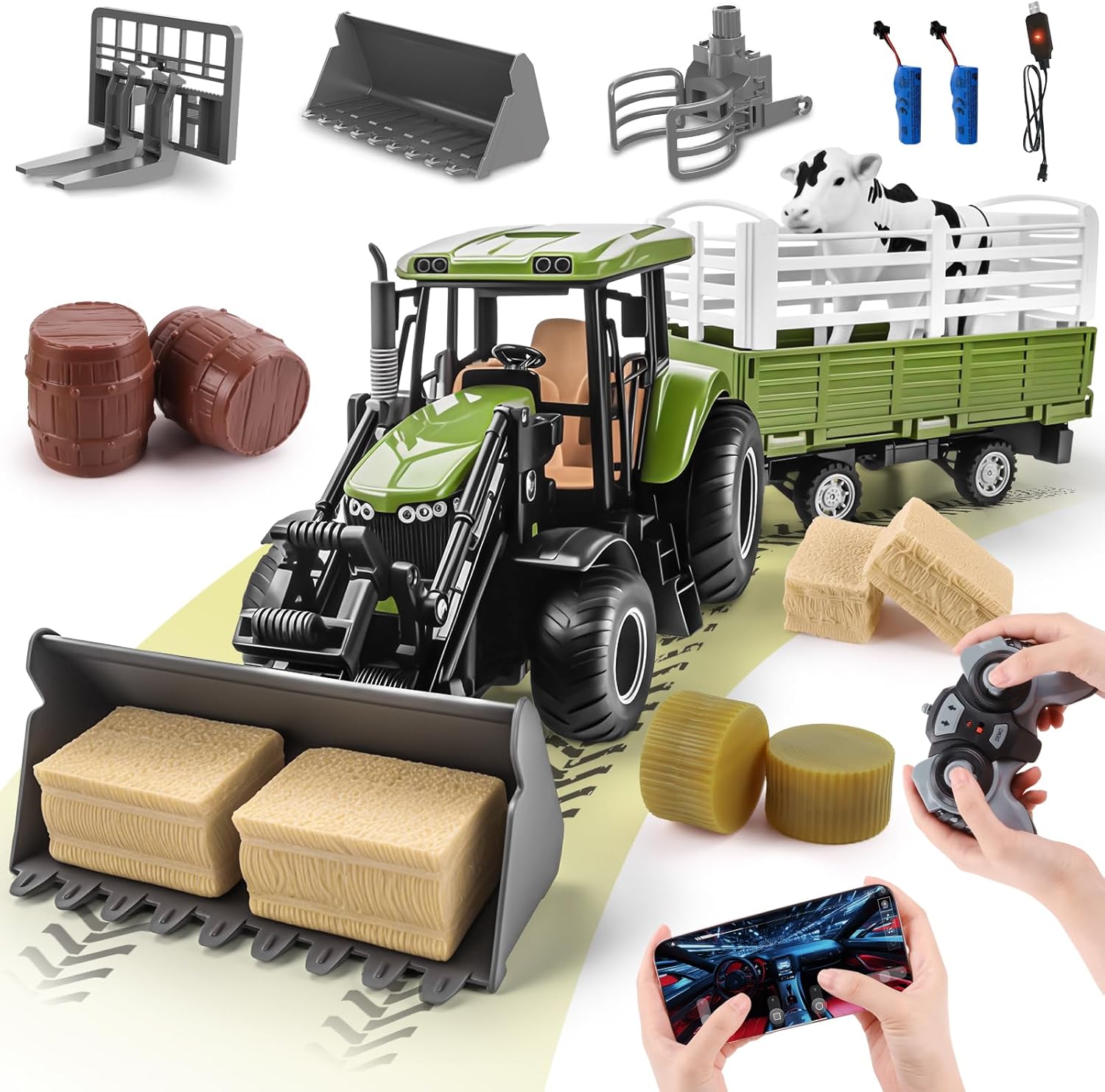 JONRRYIN Tracteur Telecommandé Enfant, 16 PCS Jouet Tracteur 6 Canaux Tracteur avec Télécommande & App, 3X Avant de Véhicule, Vache, Tonneau de Vin et Meule de Foin Ferme Jouet pour Enfants