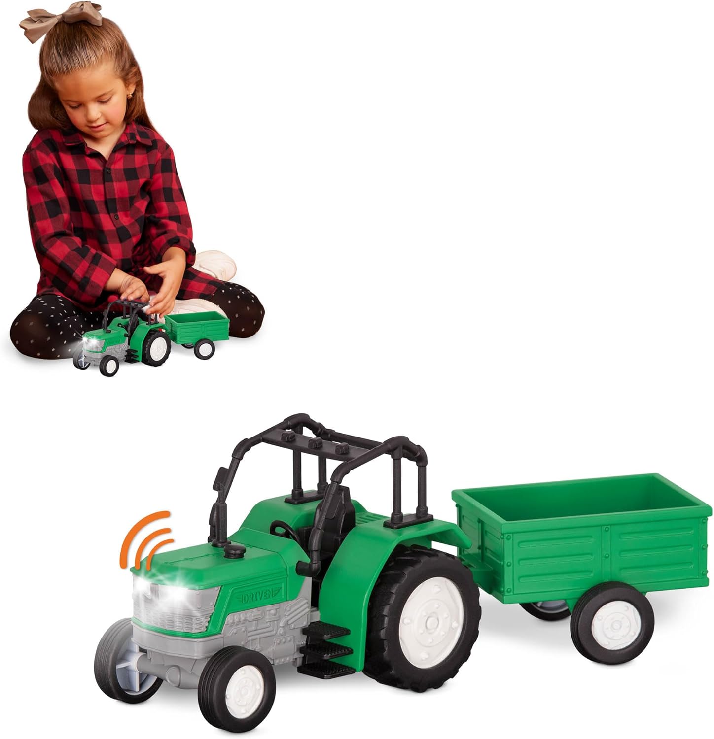 DRIVEN by Battat - Tracteur, 20 cm - Petit tracteur et remorque - Véhicule agricole pour enfants - Lumières et sons - Pièces mobiles - 3 ans et +