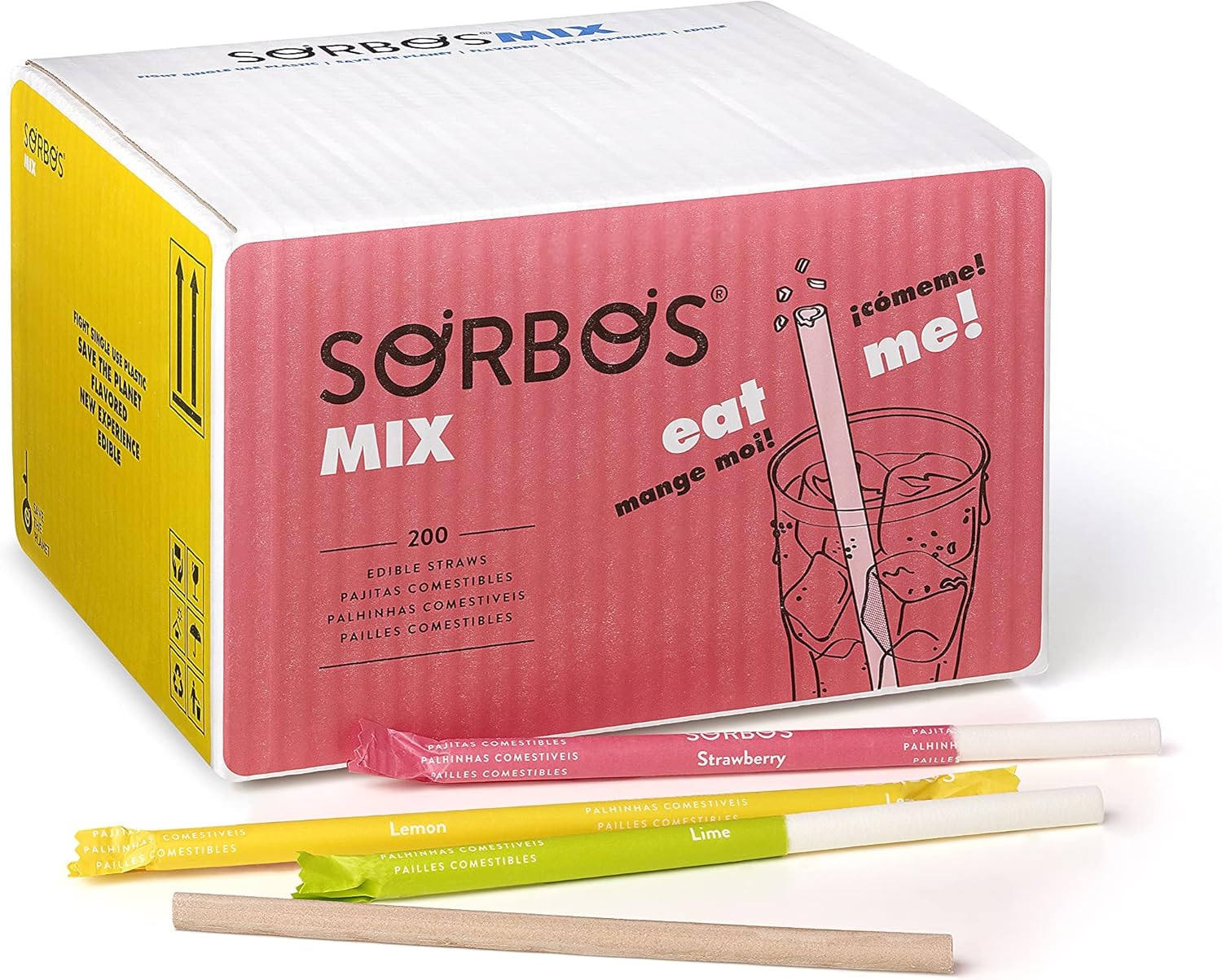 Sorbos - Pailles comestibles, saveurs variées (chocolat, citron vert, citron et fraise) - Durable, emballé individuellement, sans allergène, sans gluten, 100 % biodégradable (lot de 200)