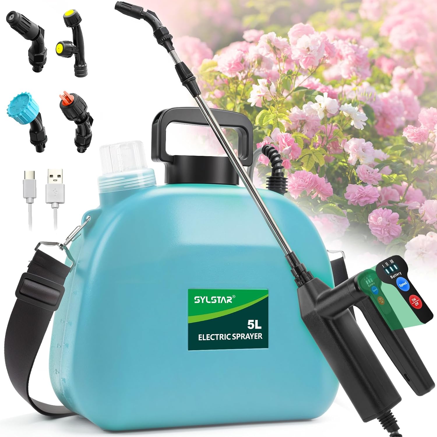 Pulverisateur Electrique 5L, Pulverisateur de Jardin avec 3 Buses à Brume, Batterie Rechargeable par USB et Tige Télescopique, Pulvérisateur de Plantes pour Jardin, Désherbage (7.4V)