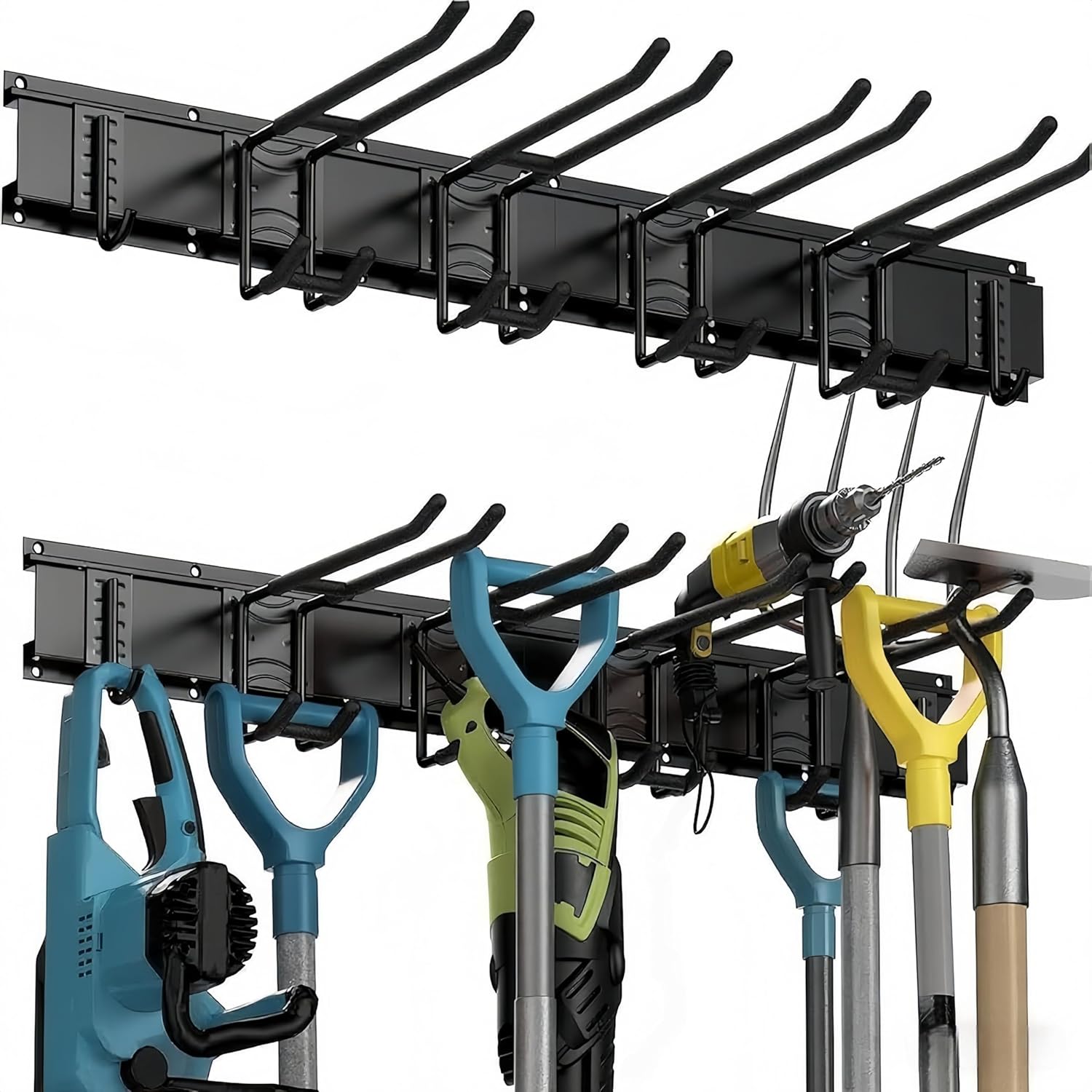 Neuytiky Porte Outils Mural Premium - Range Outils de Jardin avec 6 Crochets Réglables, Support Balais Mural pour Garage/Jardin - Organisation du Garage en Acier Robust