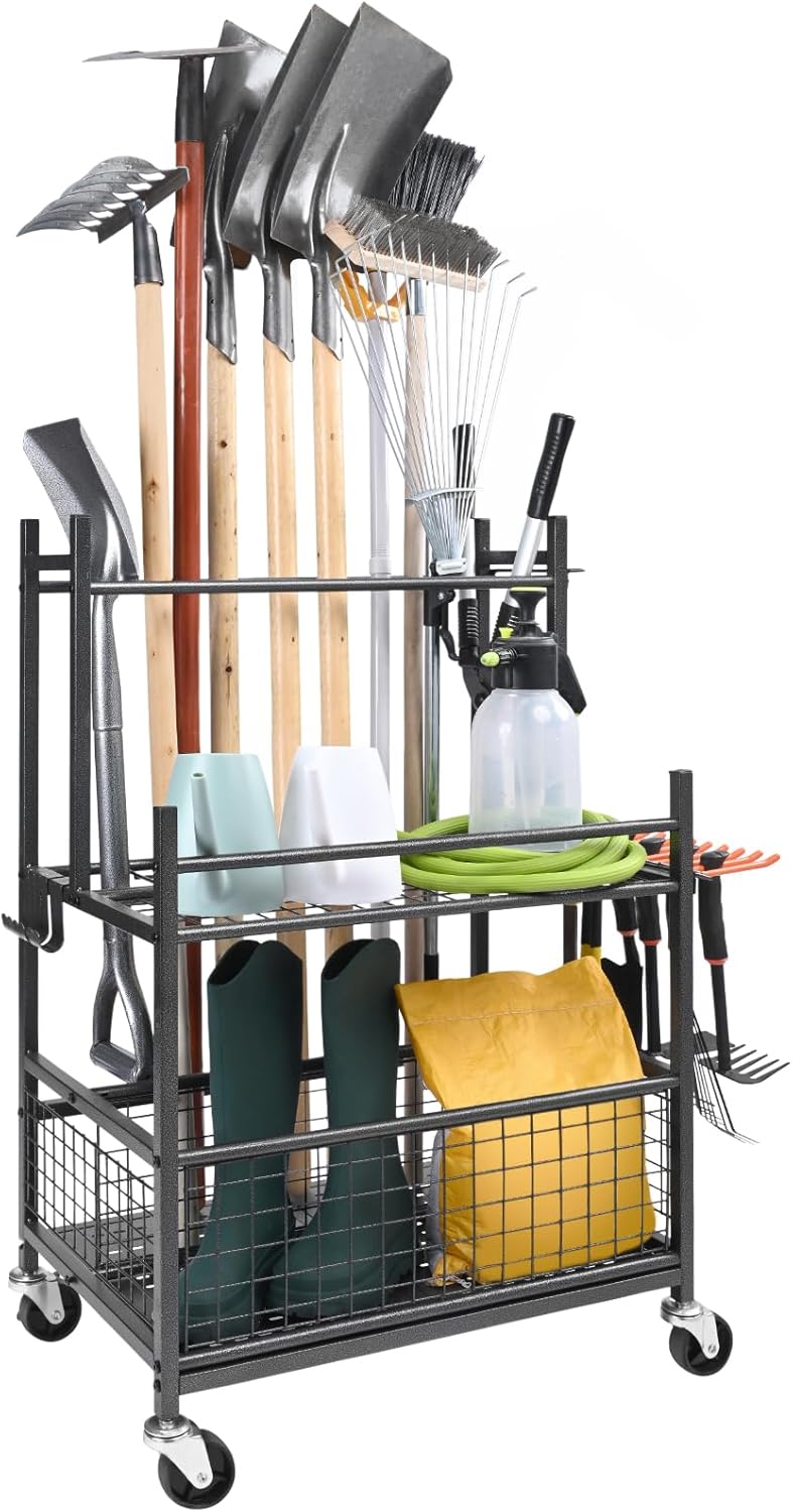 Support Range Outils de Jardin 16 Emplacements avec Crochets Porte-outils de Garage en Métal sur Roulettes pour Organisation et Stockage Abri Extérieur des Outils, Râteaux, Balais à Long Manche Métal 16 Emplacements