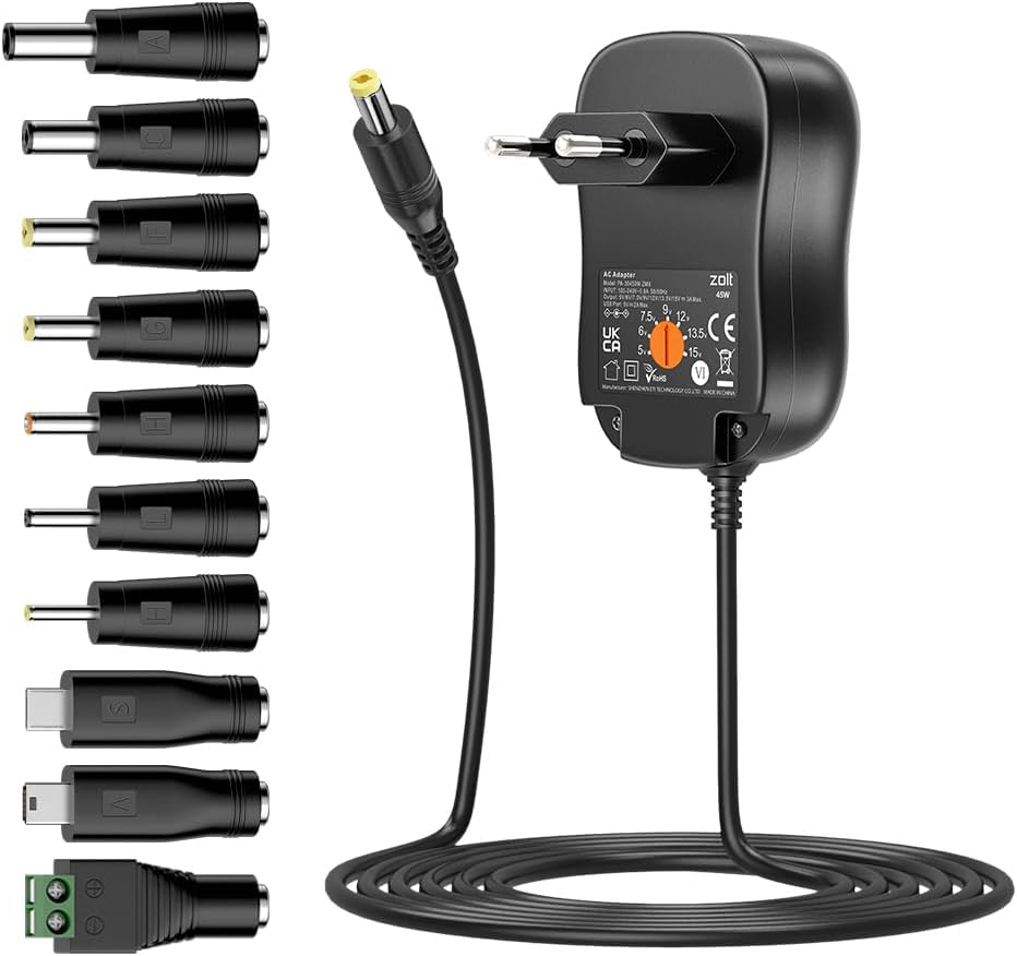 Zolt 45W Adaptateur Secteur Universel AC DC 5V 6V 7.5V 9V 12V 13.5V 15V 3A Alimentation Adaptateur Multi-Tension avec Port USB 5V 2A et 10 Fiches CC, 3A Max.