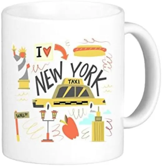 Amérique New York Taxi Motif classique Illistration Mug Blanc poterie en céramique Tasse de lait Café avec poignées 350 ml