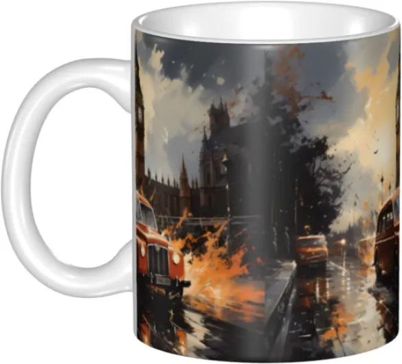 Tasse en céramique motif taxi londonien pour cappuccino, latte, céréales, yaourt, lait, boissons chaudes ou froides, four à micro-ondes
