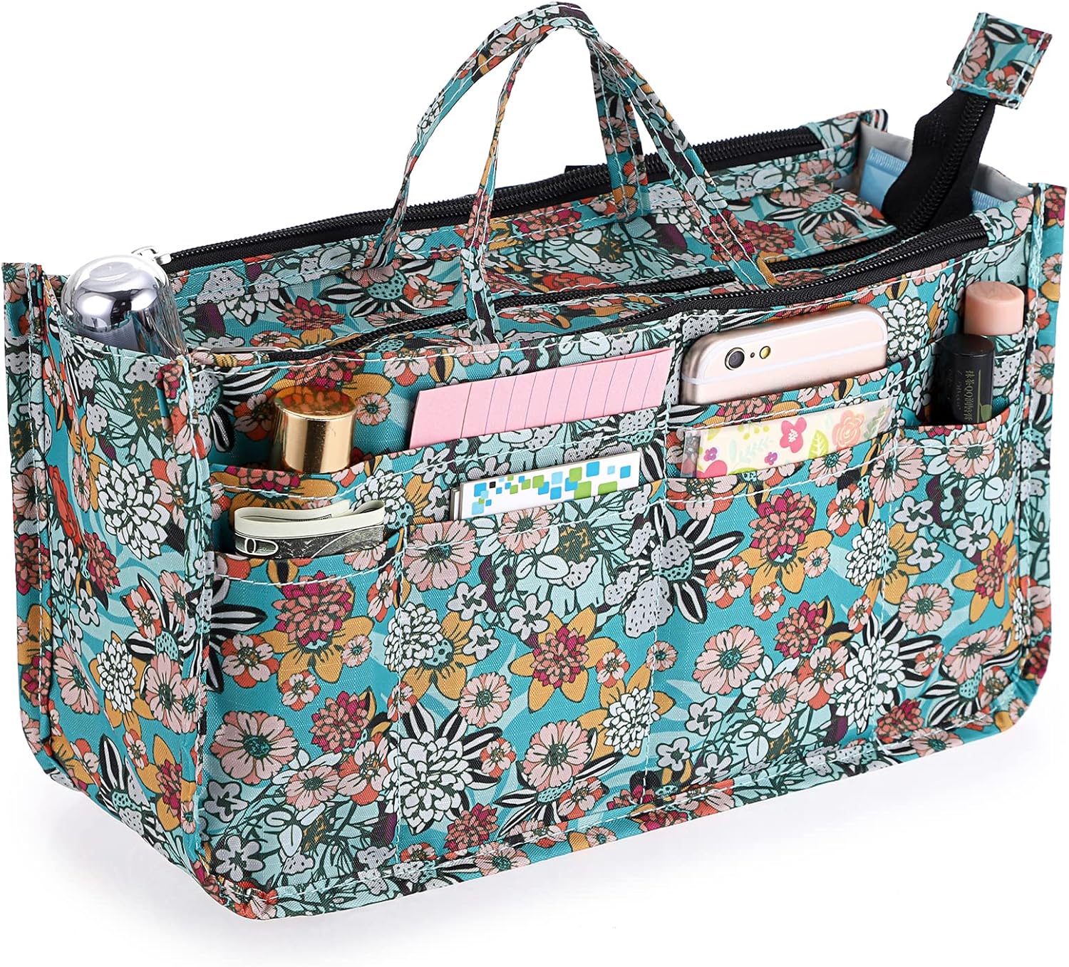 Organisateur de sac à main Sac de rangement intérieur 15 poches avec fermeture éclair pour portefeuille,maquillage,clés,petites affaires (Fleurs colorées) Vert