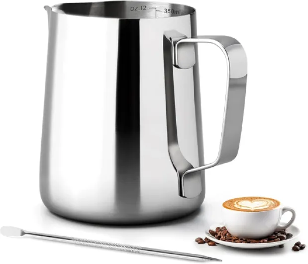 Pot à Lait - 350ml Café au Lait Cappuccino Pichet a Lait Inox pour Faire Mousser le Lait avec Stylo Décoratif pour le Café la Mousse de Lait Argenté 350ML