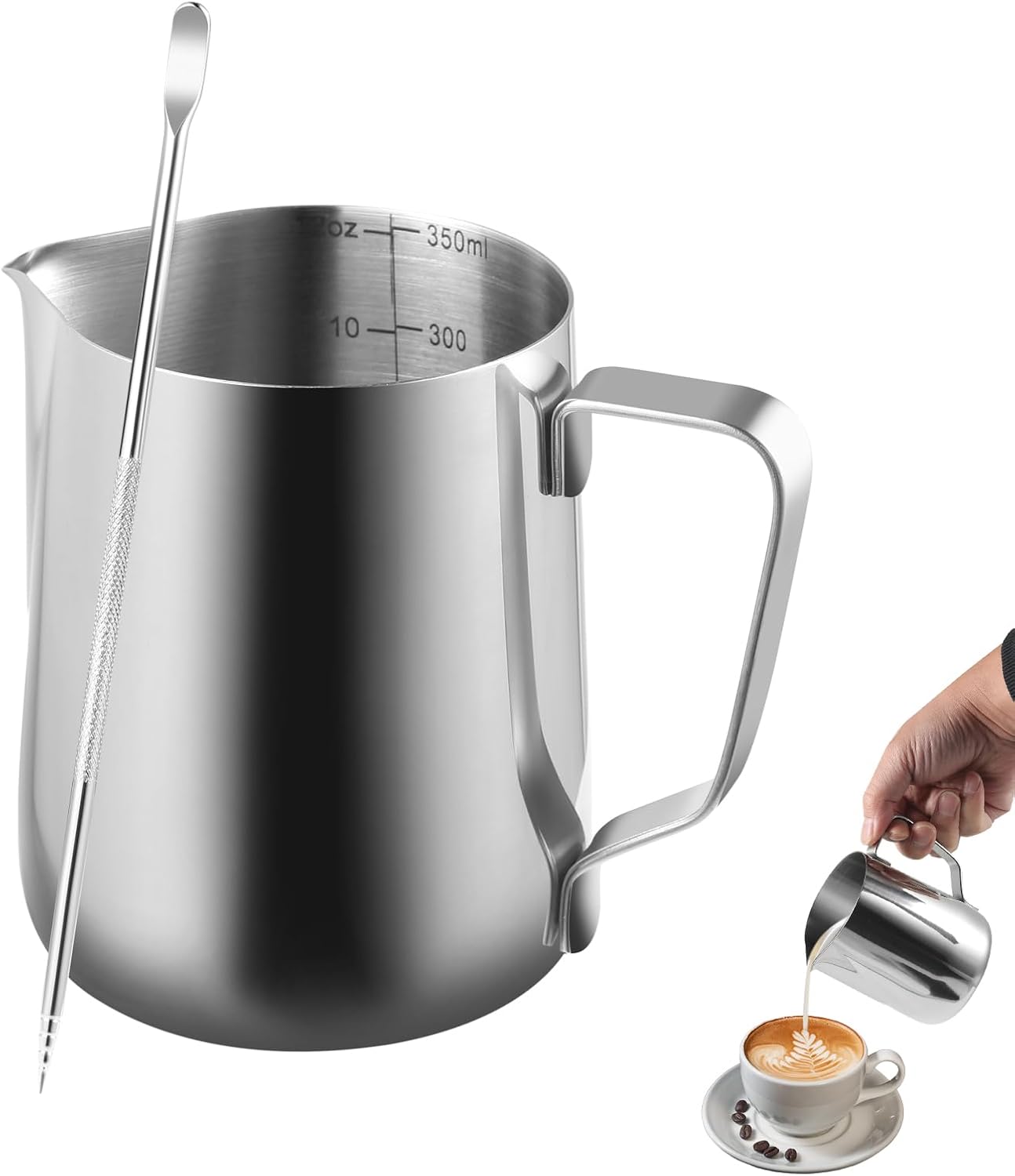 Pichet Lait Inox 350ml avec Latte Art Pen - Pot à Lait Inox pour Barista, Barista Outils de Latte Art pour Cappuccino et Espresso